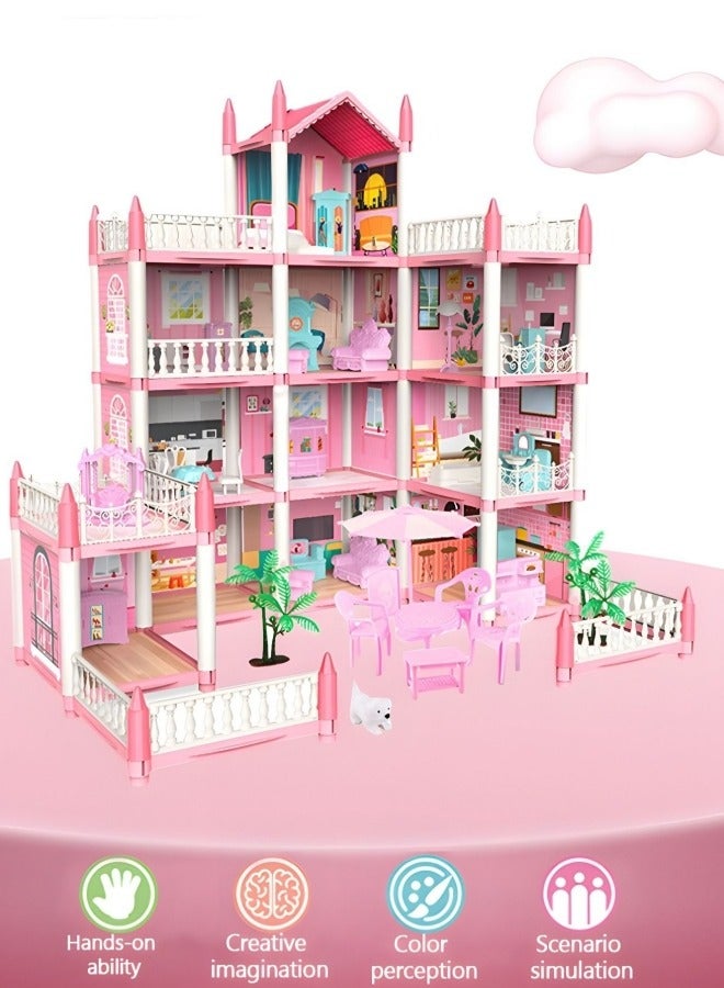 Doll house,4 Story 11 Rooms Dreamhouse Building Toys Figure Furniture, DIY House, Accessories, Pets & Dolls,Flashing Lights,Pink Play Dream House for Girls