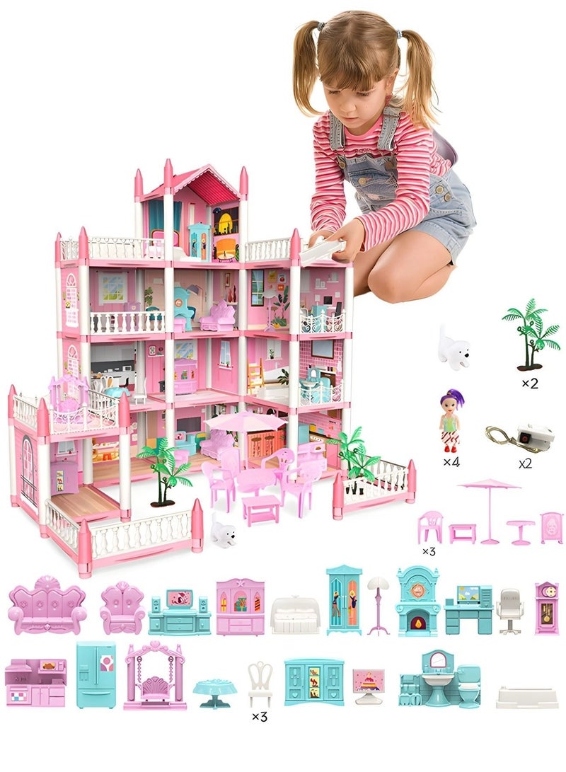 Doll house,4 Story 11 Rooms Dreamhouse Building Toys Figure Furniture, DIY House, Accessories, Pets & Dolls,Flashing Lights,Pink Play Dream House for Girls