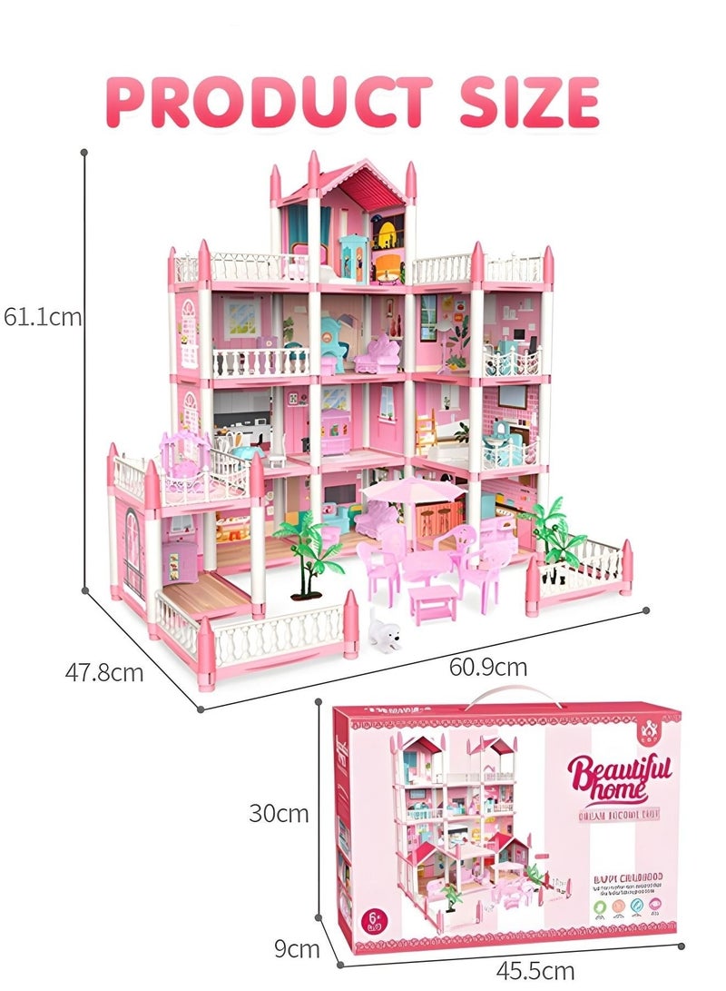 Doll house,4 Story 11 Rooms Dreamhouse Building Toys Figure Furniture, DIY House, Accessories, Pets & Dolls,Flashing Lights,Pink Play Dream House for Girls