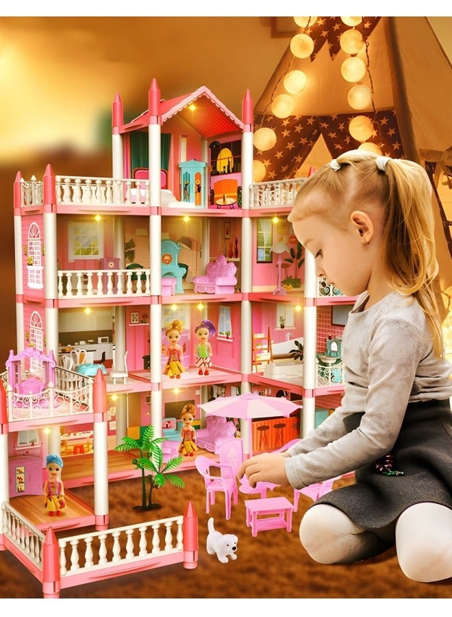 Doll house,4 Story 11 Rooms Dreamhouse Building Toys Figure Furniture, DIY House, Accessories, Pets & Dolls,Flashing Lights,Pink Play Dream House for Girls