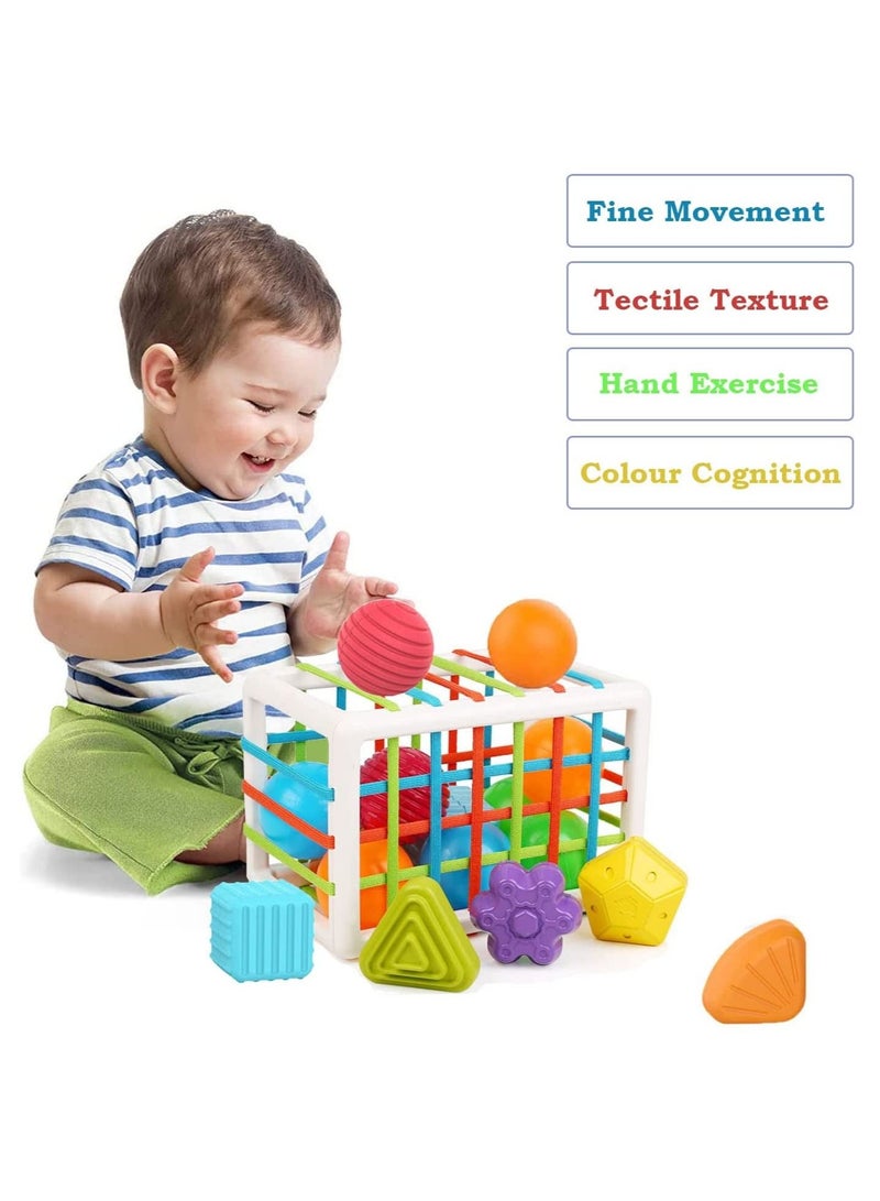 Baby Shape Sorting Toy Activity Cube Sensory Bin with Elastic Bands Colorful Multifunctional Toy Exercise Hand Eye Coordination Fine Motor Skill Early Learning Educational Gift