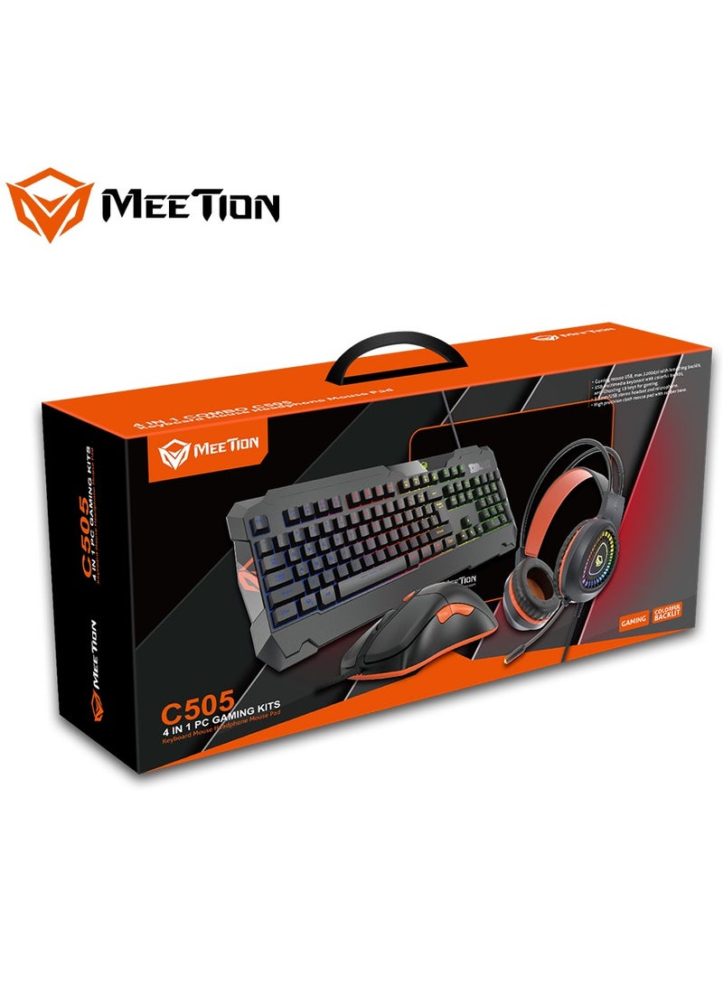 Meetion MT-C505 4 in 1 Gaming Combo Kit, Anti Ghost RGB Gaming Keyboard, 5+1 Buttons 3200DPI Gaming Mouse, Backlit Gaming Headphone with Omni Directional Microphone, High Precision Gaming Mouse Pad