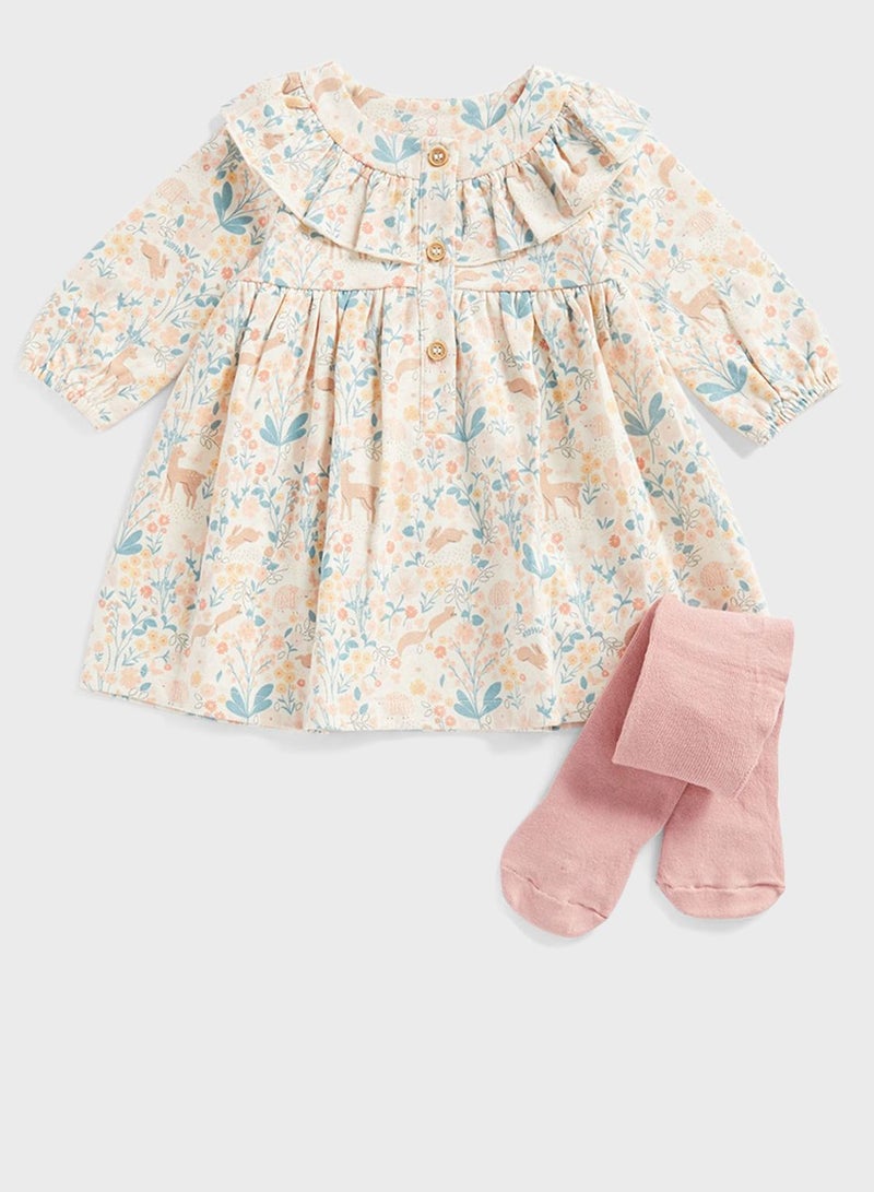 Infant Floral Print Midi Dress With Tights