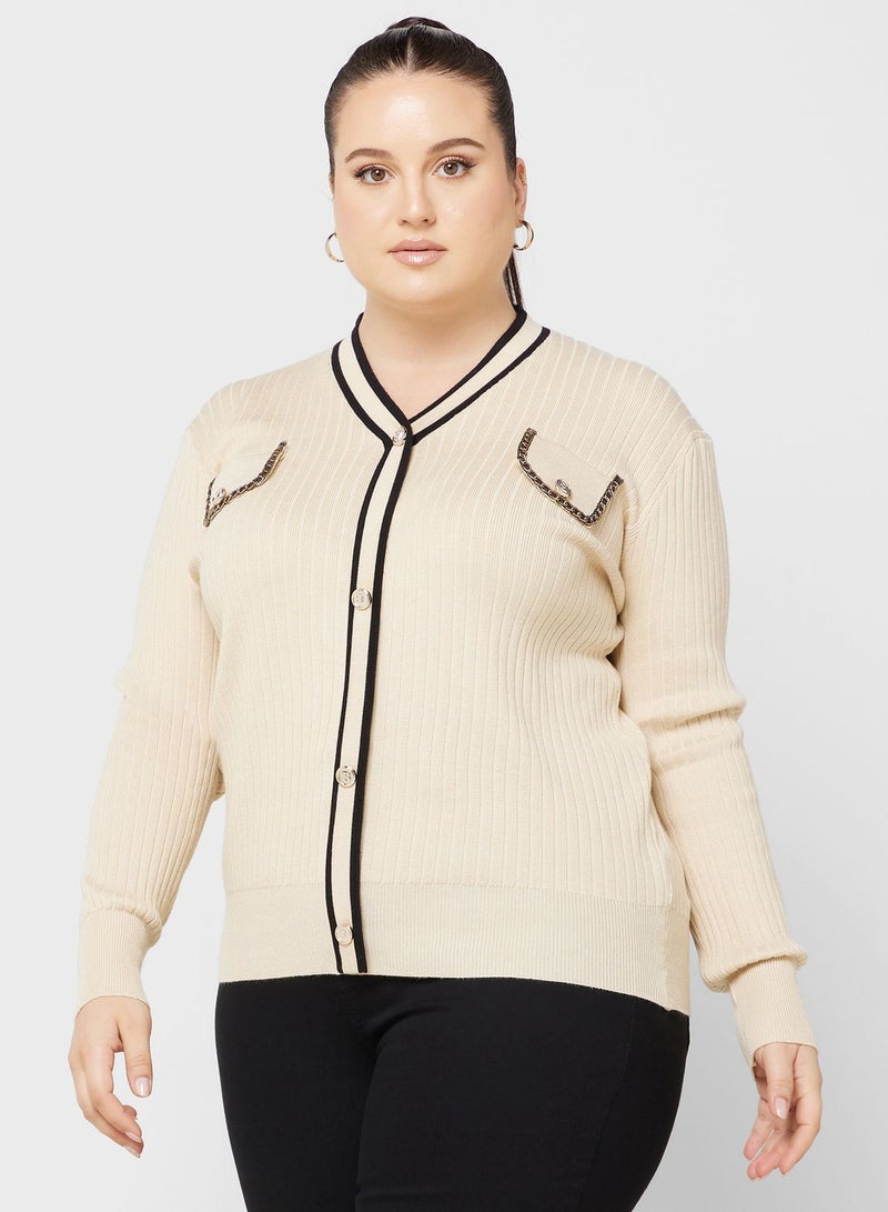 Contrast Detail Button Down Cardigan