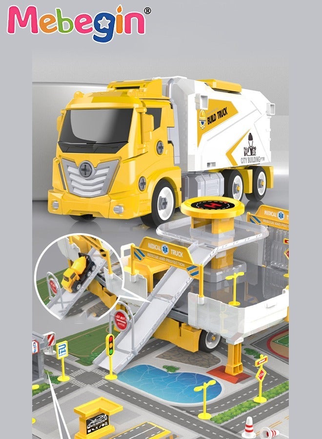 3 in 1 Robot Transforming Truck Toy Set with Road Barrier Traffic Signs, Transforming Engineering Car Assembled Toy, Transforming Container Truck, DIY Outdoor Construction Toys for Kids, Perfect Gift for Kids