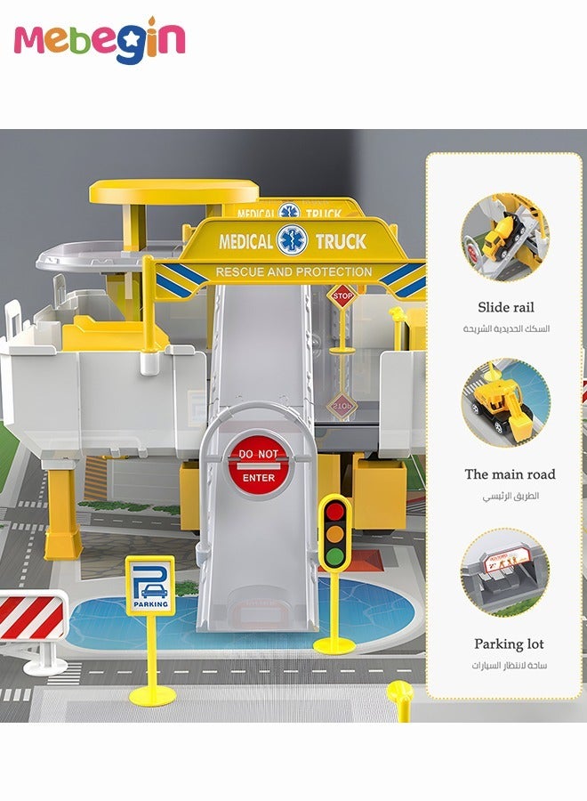 3 in 1 Robot Transforming Truck Toy Set with Road Barrier Traffic Signs, Transforming Engineering Car Assembled Toy, Transforming Container Truck, DIY Outdoor Construction Toys for Kids, Perfect Gift for Kids