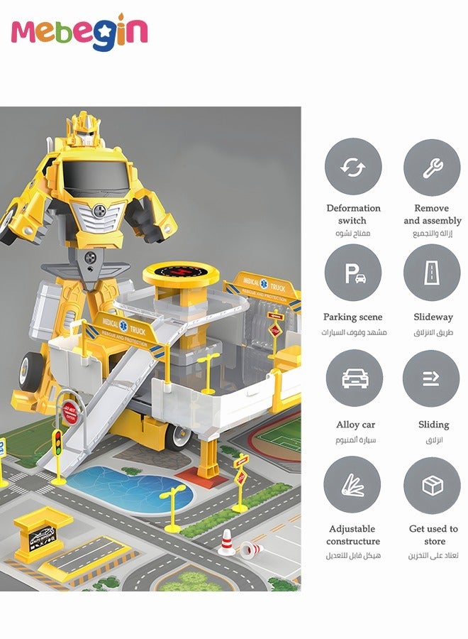 3 in 1 Robot Transforming Truck Toy Set with Road Barrier Traffic Signs, Transforming Engineering Car Assembled Toy, Transforming Container Truck, DIY Outdoor Construction Toys for Kids, Perfect Gift for Kids