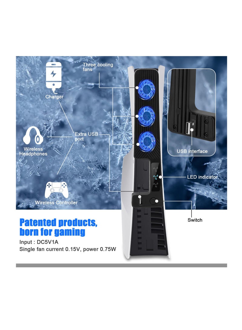 XICEN PS5 Slim Cooling Fan, New Playstation 5 Slim Console Accessories Cooler with USB Port and 3 Adjustable Quiet 9500-Speed Fans, Cool LED Light for PS5 Slim Digital/Disc Edition System