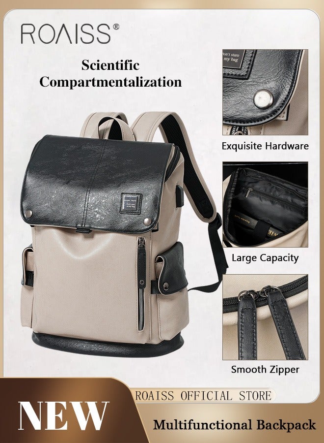 Large Capacity PU Leather Backpack for Men and Women with Drawstring Cuff Light Weight Travel Bag for Business Trips and Excursions Casual Laptop Bags Fits 15.6 Inch Notebook