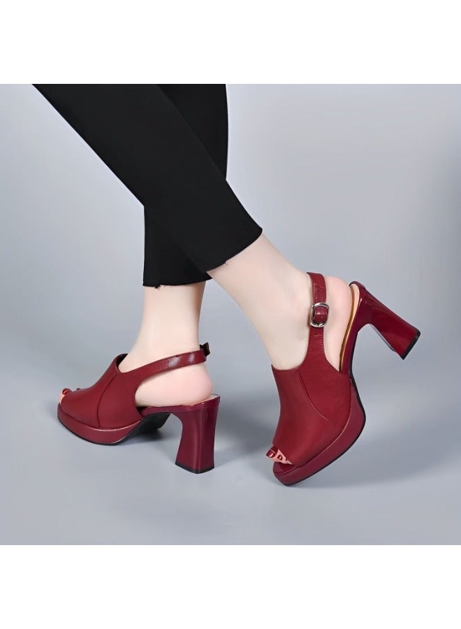 Women's Chunky Heel Sandals Fish Mouth Open Toe Platform Sandals One Line Buckle High Heel Sandals PU Sandals with Arch Support Comfortable Walking Sandals