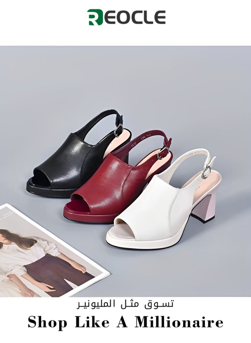 Women's Chunky Heel Sandals Fish Mouth Open Toe Platform Sandals One Line Buckle High Heel Sandals PU Sandals with Arch Support Comfortable Walking Sandals