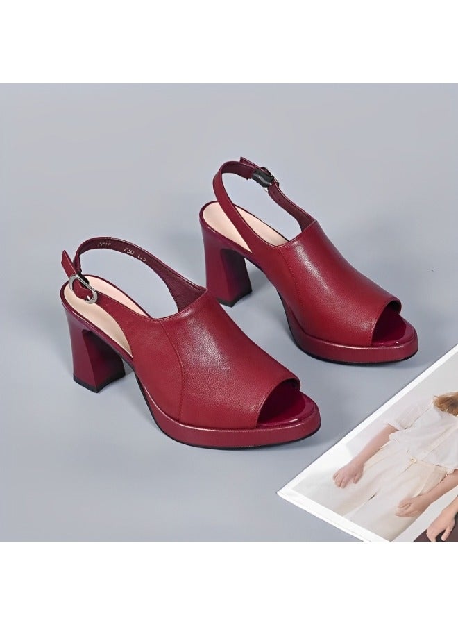 Women's Chunky Heel Sandals Fish Mouth Open Toe Platform Sandals One Line Buckle High Heel Sandals PU Sandals with Arch Support Comfortable Walking Sandals