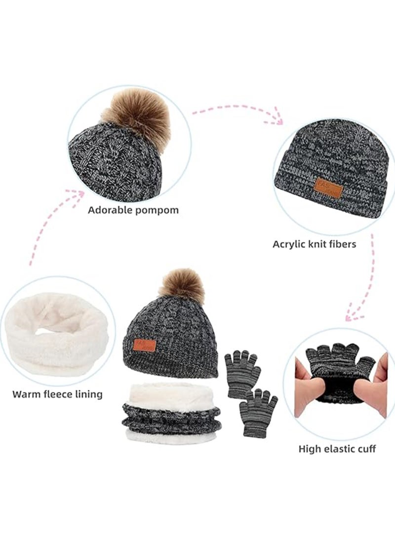 Kids Winter Beanie Hat Scarf Gloves Set for 2-6 Years Old, Toddler Winter Knit Hat Gloves Neck Warmer with Fleece Lined, Grey