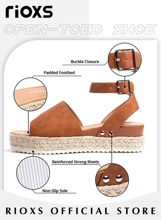 Women's Hollow Roman Wedge Sandals Round Open Toe Sandals Summer Comfortable Buckle Sandals