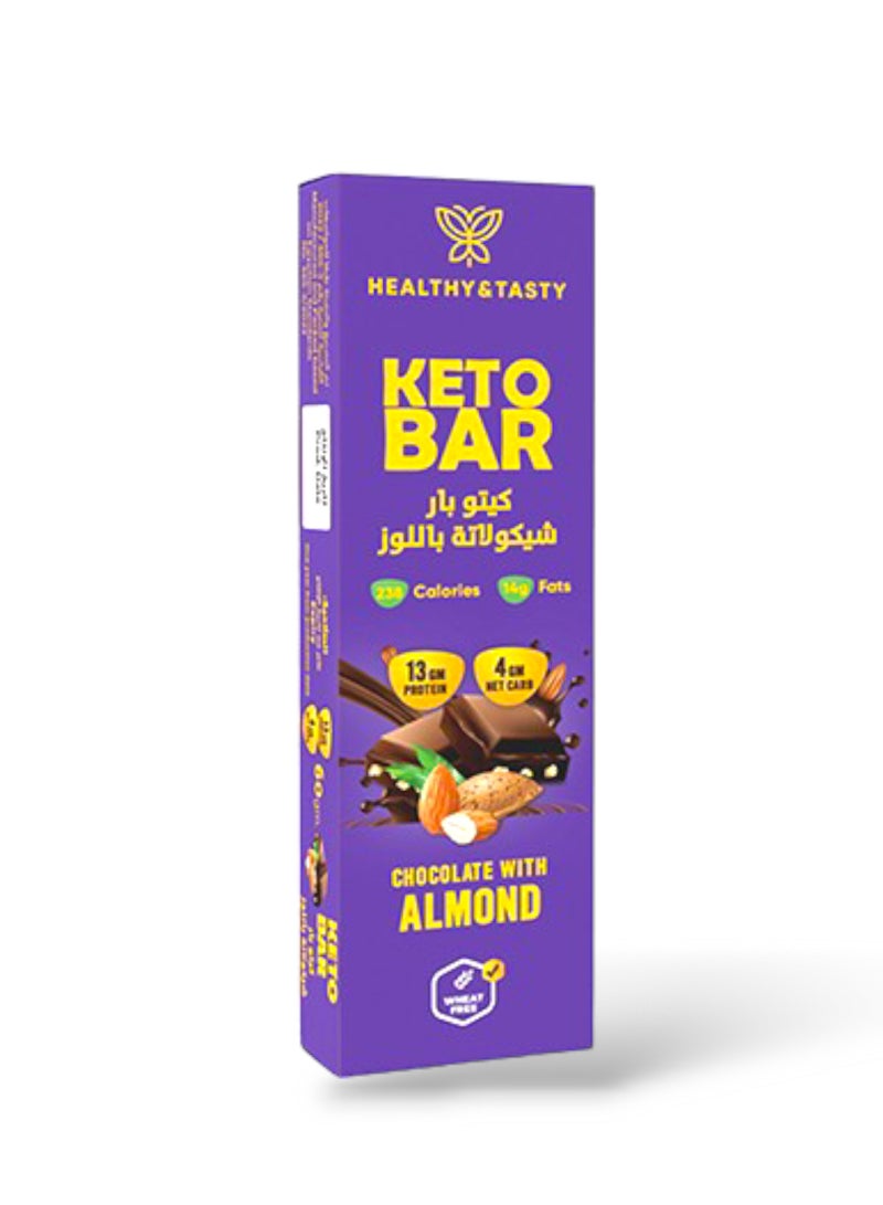 Healthy & Tasty 12 pieces KETO Bar Chocolate with ALMOND 60GM Food Supplement | No Added Sugar, Wheat Free | 13g Protein 238 KCal 14g Fats 4g Net Carb