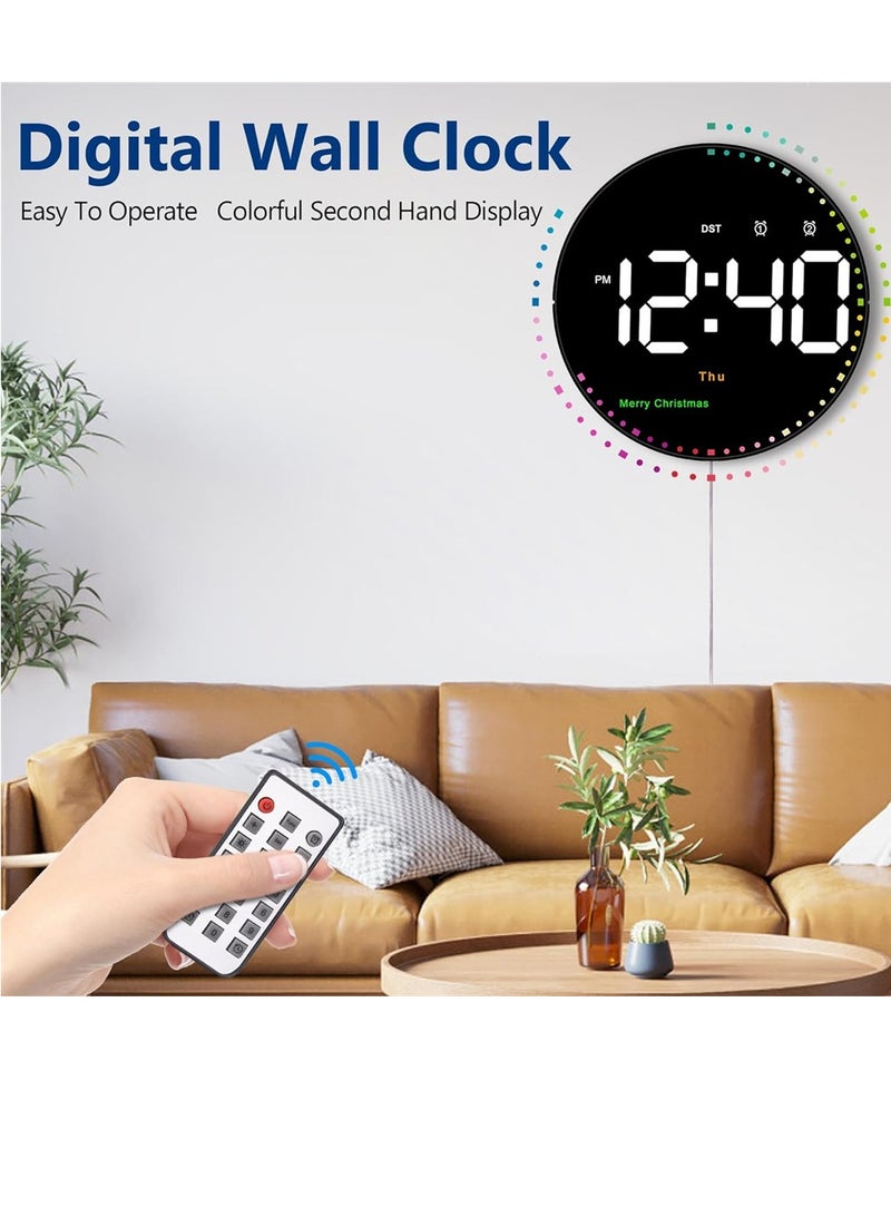 Digital Large Wall Clock with Remote 10inches Colorful Dynamic Led Clock Large Display with Time Date Temp Week Manual/ Automatic Brightness Wall Clock for Office Kitchen Living Room Decor