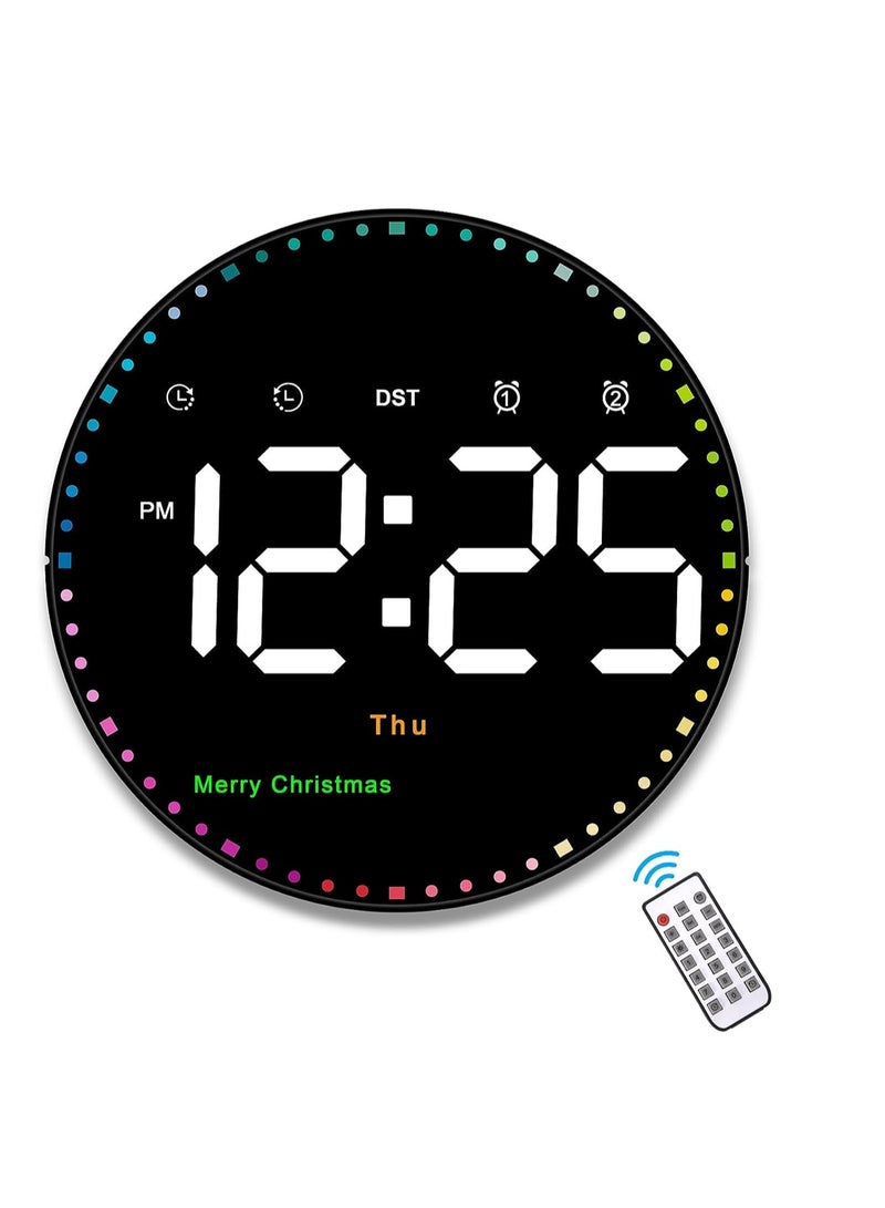 Digital Large Wall Clock with Remote 10inches Colorful Dynamic Led Clock Large Display with Time Temp Week Manual/ Automatic Brightness Wall Clock for Office Kitchen Living Room Decor