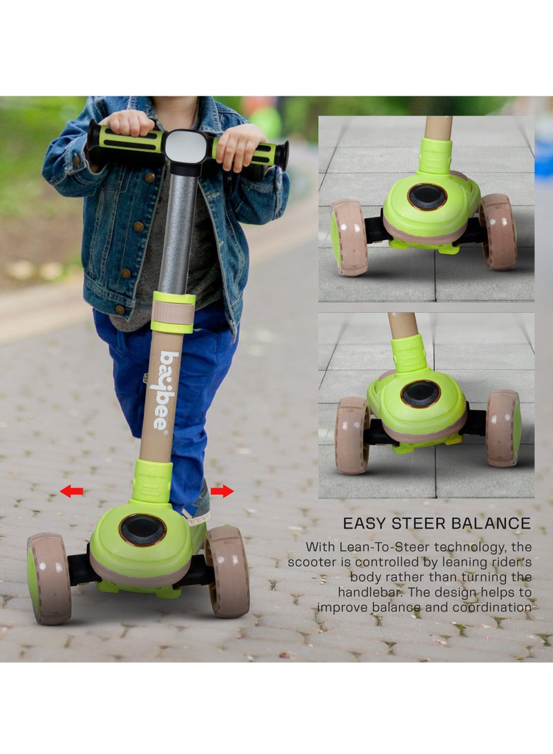 Baybee Taz Skate Scooter for Kids, Kick Scooter, Smart 3 Wheel Kick Scooter with Height Adjustable, Music, LED PU Wheels & Rear Brake | Runner Scooter for Kids 3 to 10 Years Boys Girls Green