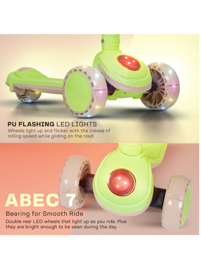 Baybee Taz Skate Scooter for Kids, Kick Scooter, Smart 3 Wheel Kick Scooter with Height Adjustable, Music, LED PU Wheels & Rear Brake | Runner Scooter for Kids 3 to 10 Years Boys Girls Green