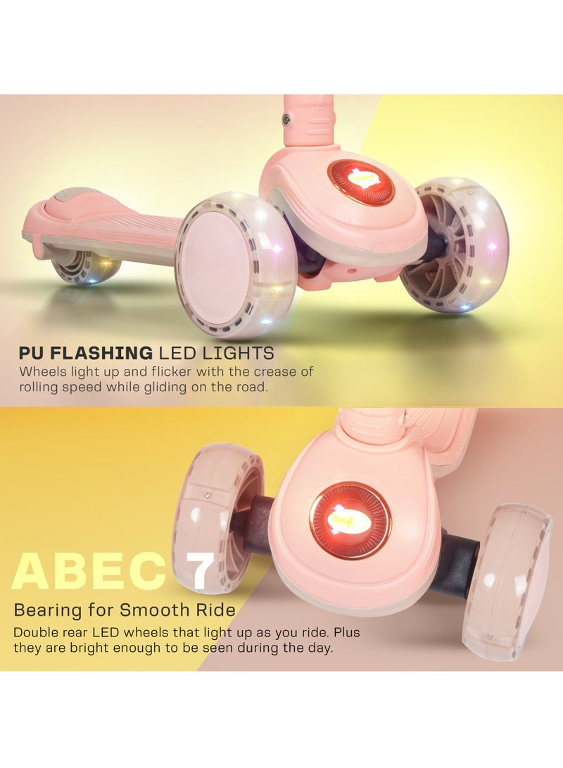 Baybee Taz Skate Scooter for Kids, Kick Scooter, Smart 3 Wheel Kick Scooter with Height Adjustable, Music,LED PU Wheels & Rear Brake Runner Scooter for Kids 3 to 10 Years Boys Girls Pink