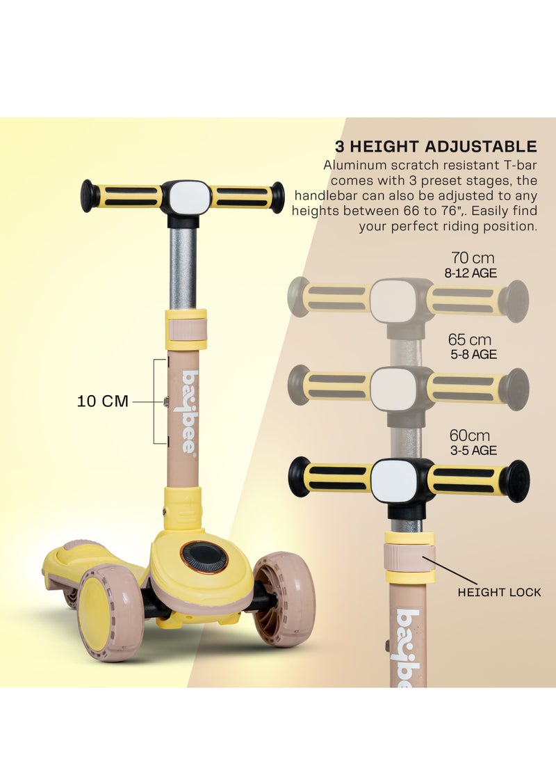 Baybee Taz Skate Scooter for Kids, Kick Scooter, Smart 3 Wheel Kick Scooter with Height Adjustable, Music,LED PU Wheels & Rear Brake | Runner Scooter for Kids 3 to 10 Years Boys Girls Yellow