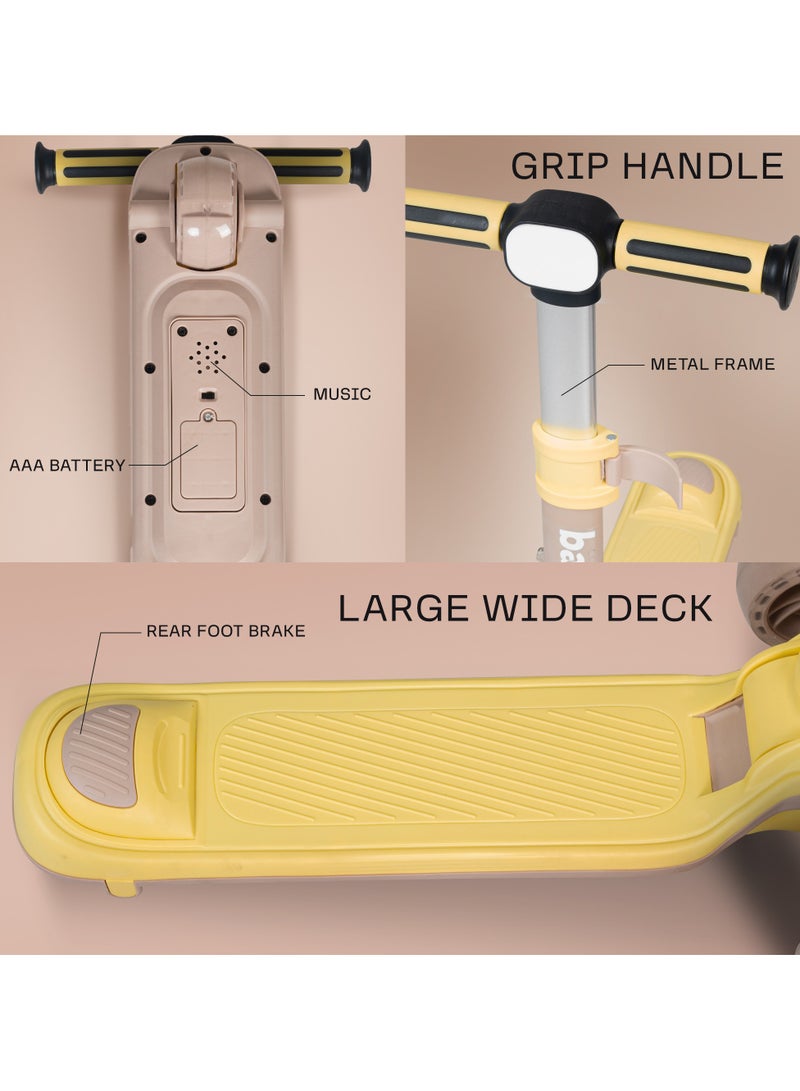 Baybee Taz Skate Scooter for Kids, Kick Scooter, Smart 3 Wheel Kick Scooter with Height Adjustable, Music,LED PU Wheels & Rear Brake | Runner Scooter for Kids 3 to 10 Years Boys Girls Yellow