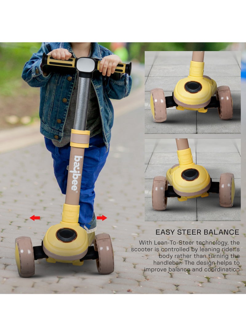 Baybee Taz Skate Scooter for Kids, Kick Scooter, Smart 3 Wheel Kick Scooter with Height Adjustable, Music,LED PU Wheels & Rear Brake | Runner Scooter for Kids 3 to 10 Years Boys Girls Yellow