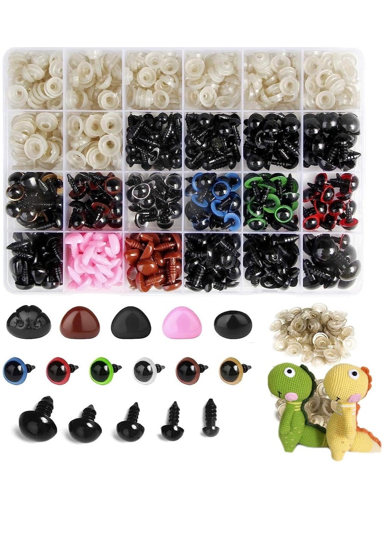 600PCS Plastic Safety Eyes and Noses, 6mm-14mm Colorful Crochet Toy Eyes and Noses with Washers for Craft Doll Puppet Plush Animal and Teddy Bear