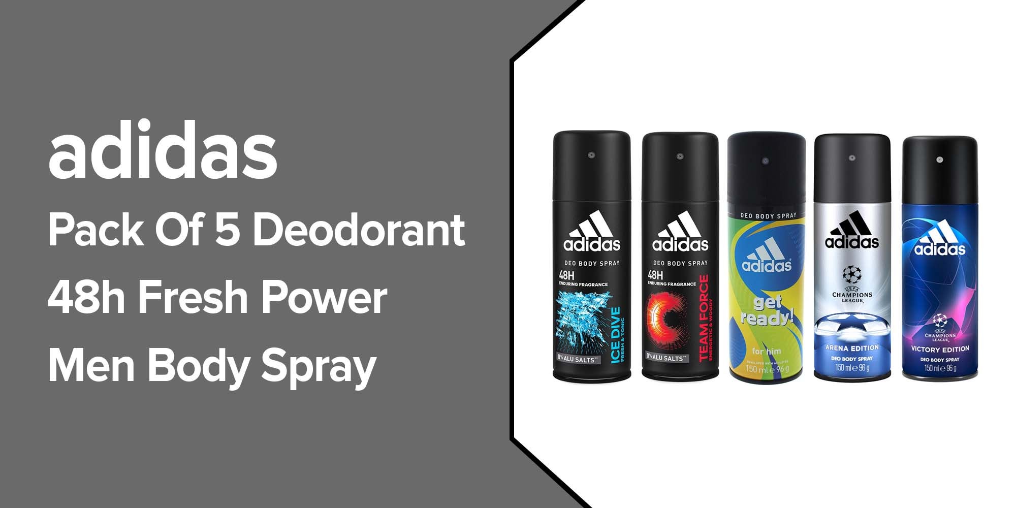 Pack Of 5 Deodorant 48h Fresh Power Men Body Spray Black/Silver/Yellow 5x150ml