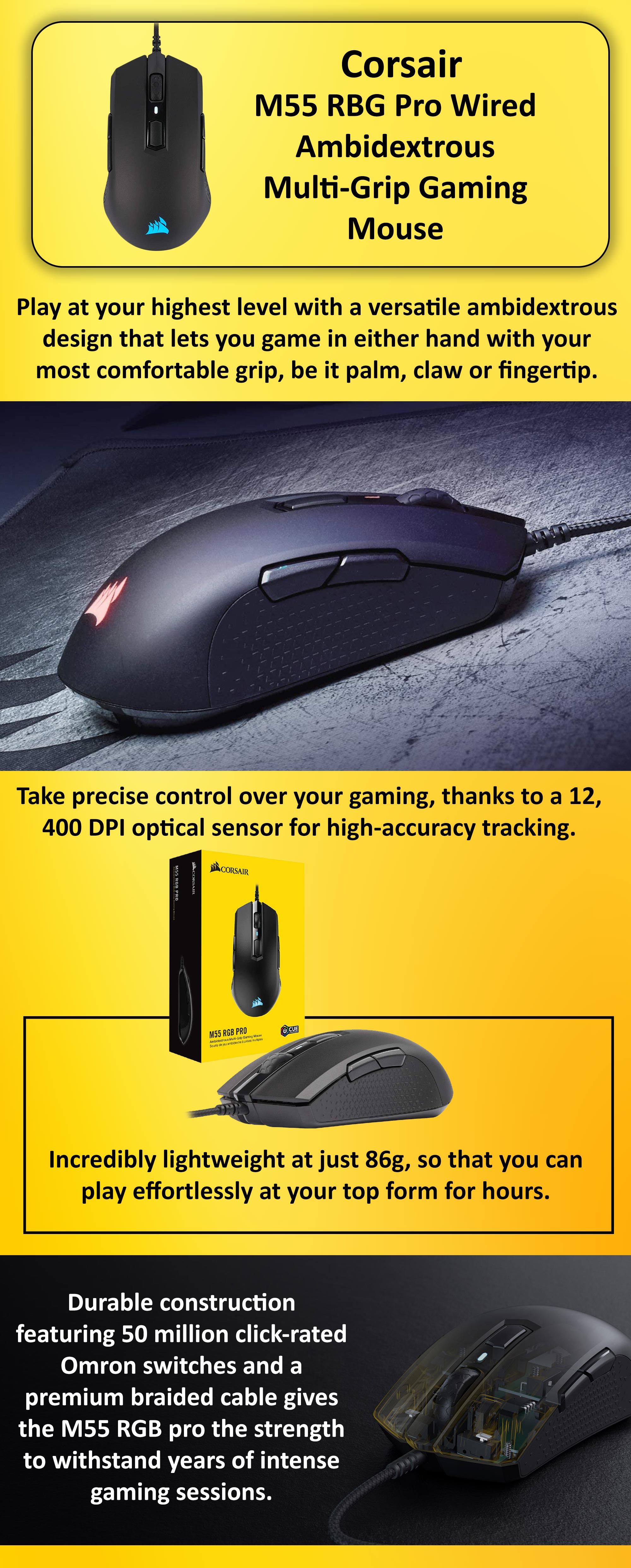 M55 Pro Wired Ambidextrous Multi-Grip Gaming Mouse Black