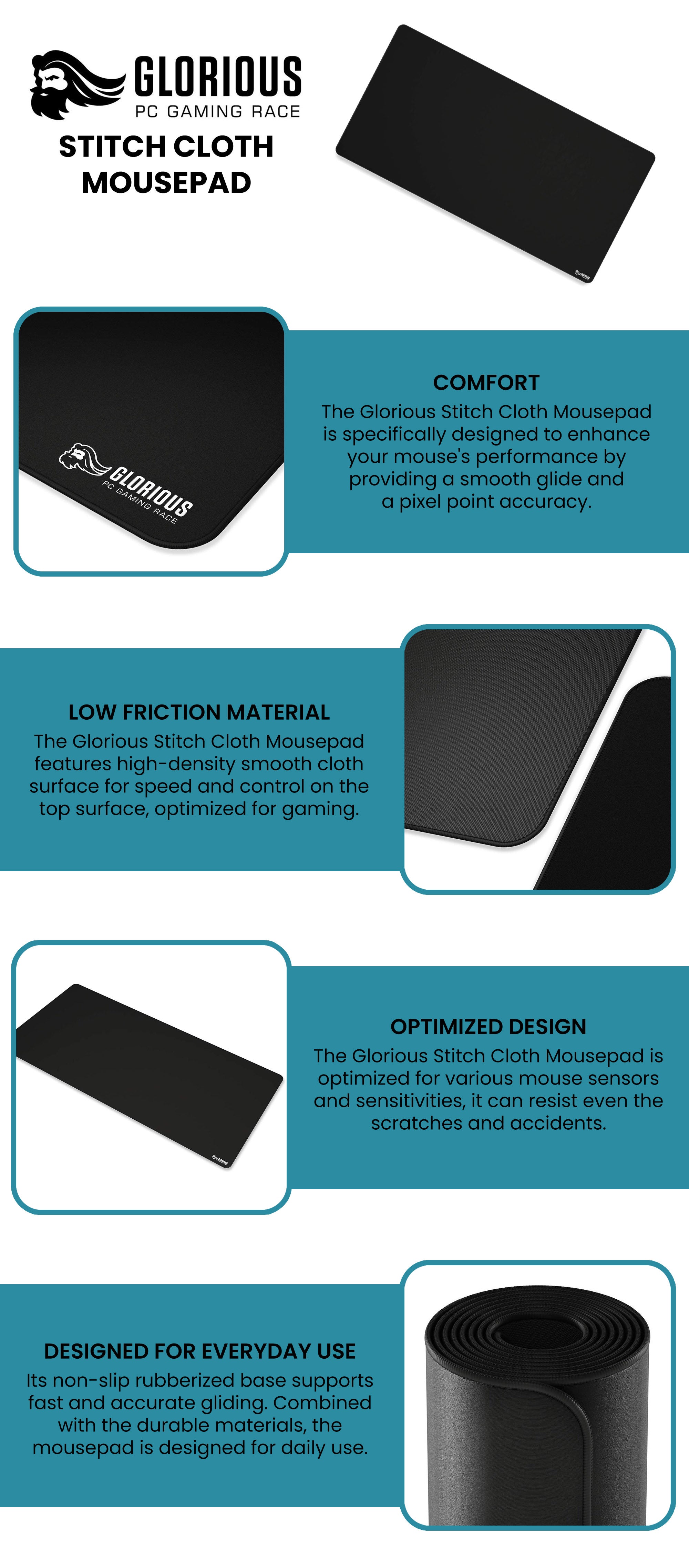 Glorious XXL Extended Gaming Mouse Mat/Pad - Stealth Edition - Large, Wide (XXL Extended) Black Cloth Mousepad, Stitched Edges | 18