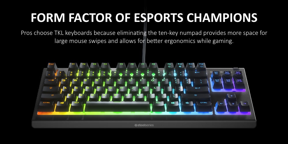 SteelSeries Apex 3 TKL - RGB Gaming Keyboard - Tenkeyless Compact Esports Form Factor - 8-Zone RGB Illumination - IP32 Water & Dust Resistant - American QWERTY Layout, Black