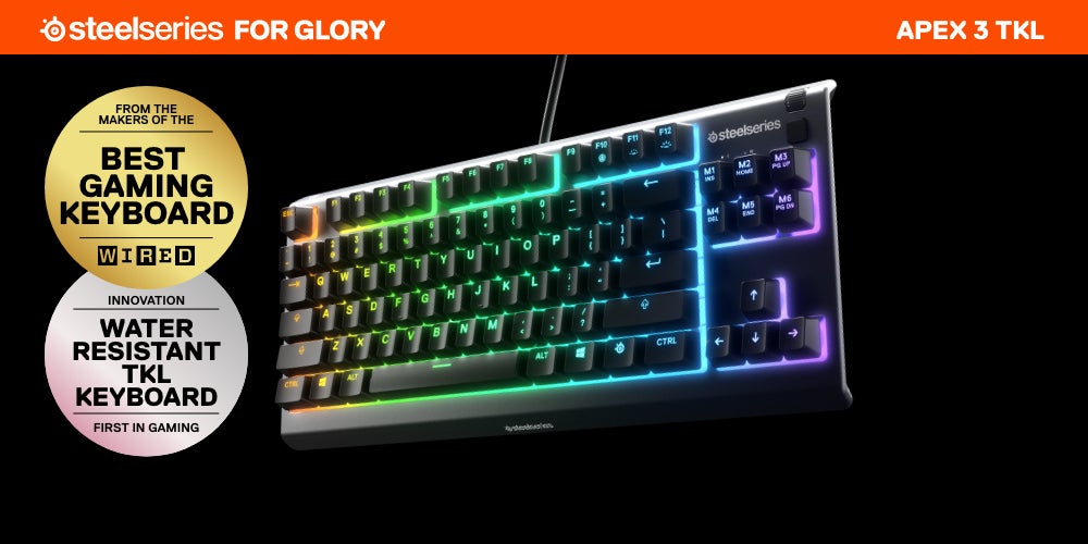 SteelSeries Apex 3 TKL - RGB Gaming Keyboard - Tenkeyless Compact Esports Form Factor - 8-Zone RGB Illumination - IP32 Water & Dust Resistant - American QWERTY Layout, Black