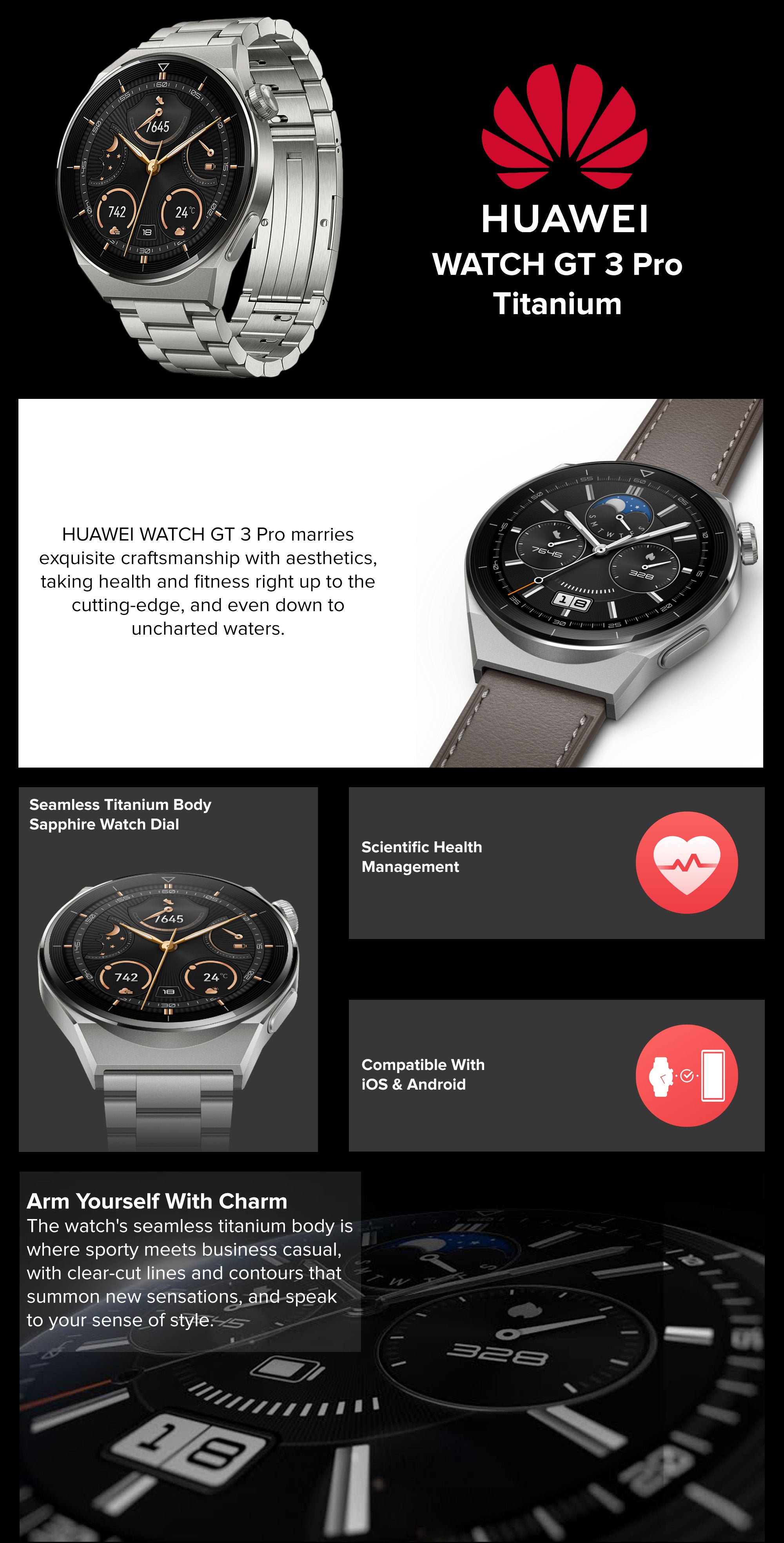 Watch GT 3 Pro SmartWatch Heart Rate & Blood Oxygen Monitoring Light Titanium Case 46mm Grey Leather Strap