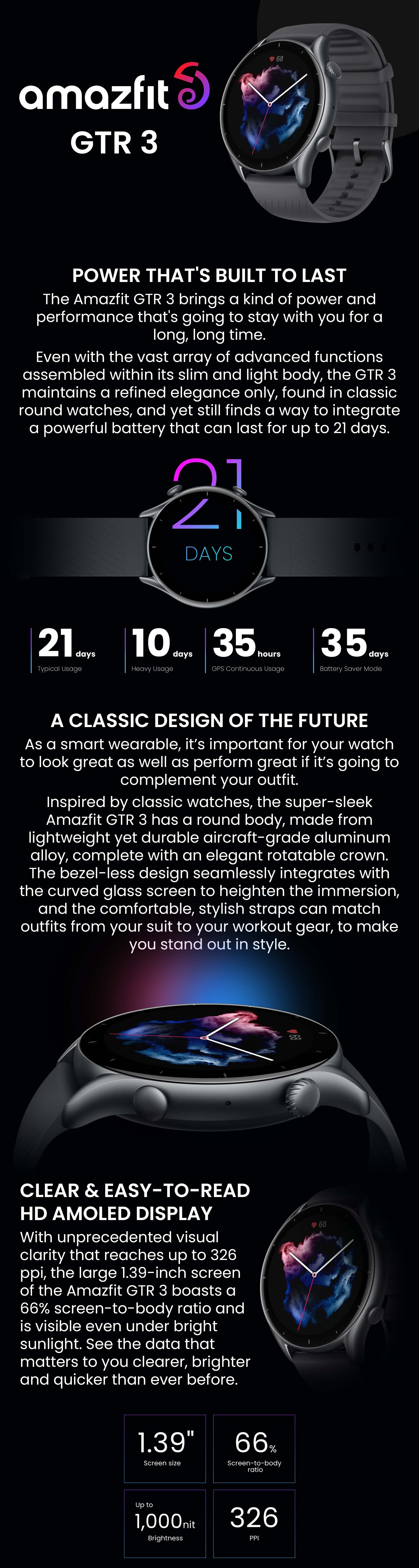 GTR 3  Ultra HD AMOLED Display Smartwatch Thunder Black