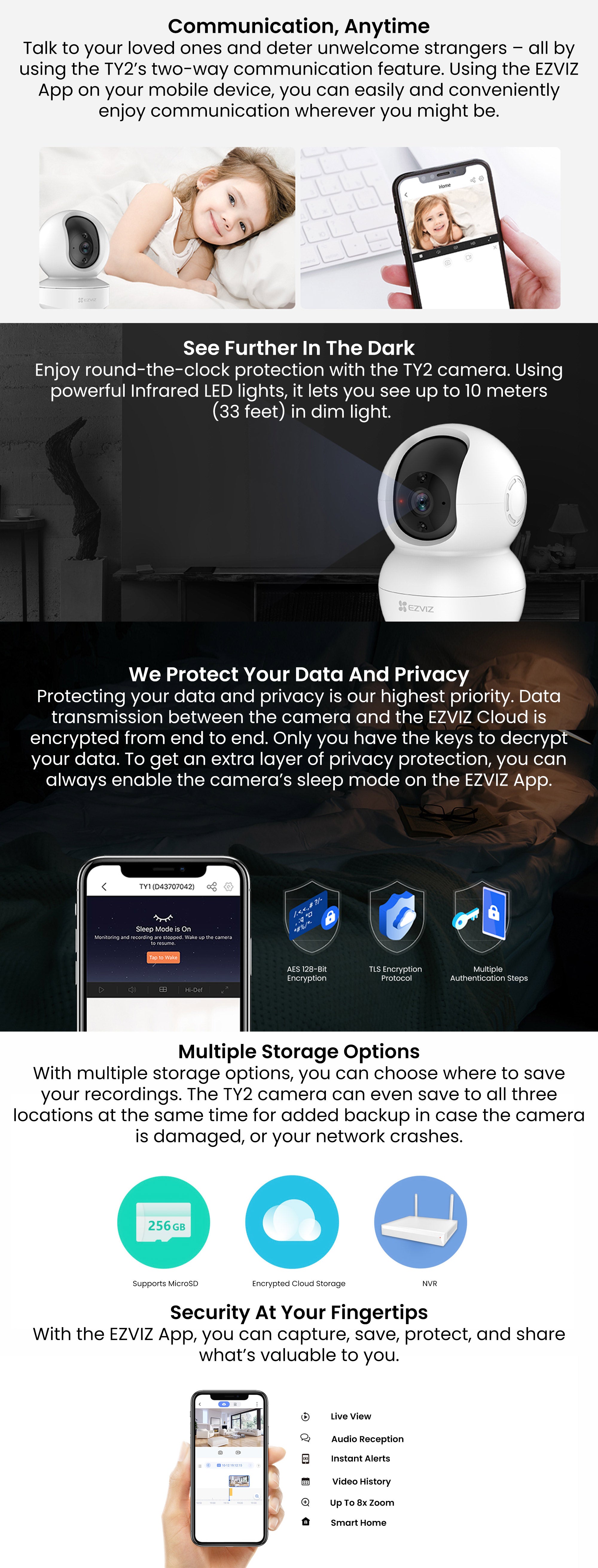 TY2 Smart Indoor Wi-Fi Camera FHD 1080 - Motorized Pan and Tilt 360° Visual Coverage, Smart Night Vision with Smart IR (up to 10m), Sleep Mode for Privacy Protection, Motion Detection, Smart Tracking, Two-way Talk, MicroSD Slot (up to 256 GB)