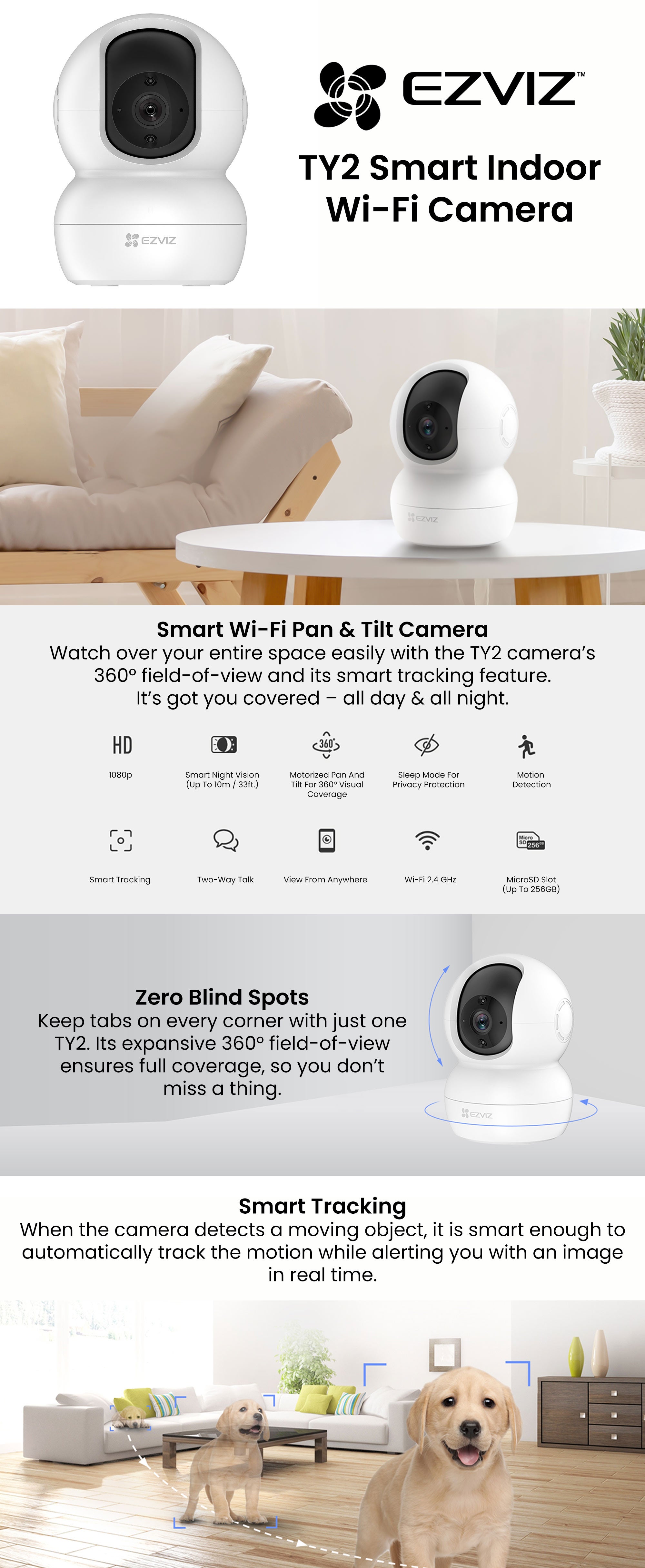 TY2 Smart Indoor Wi-Fi Camera FHD 1080 - Motorized Pan and Tilt 360° Visual Coverage, Smart Night Vision with Smart IR (up to 10m), Sleep Mode for Privacy Protection, Motion Detection, Smart Tracking, Two-way Talk, MicroSD Slot (up to 256 GB)