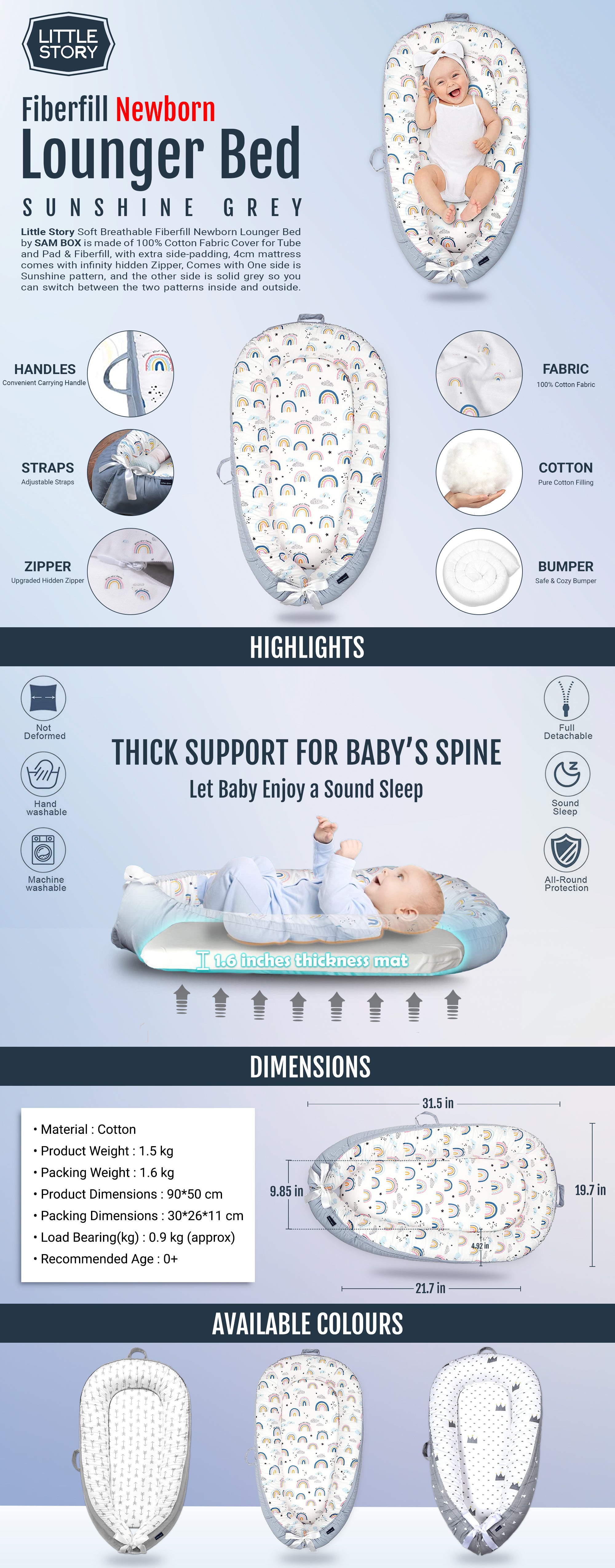 Soft Breathable Fiberfill Newborn Lounger Bed - Sunshine Grey