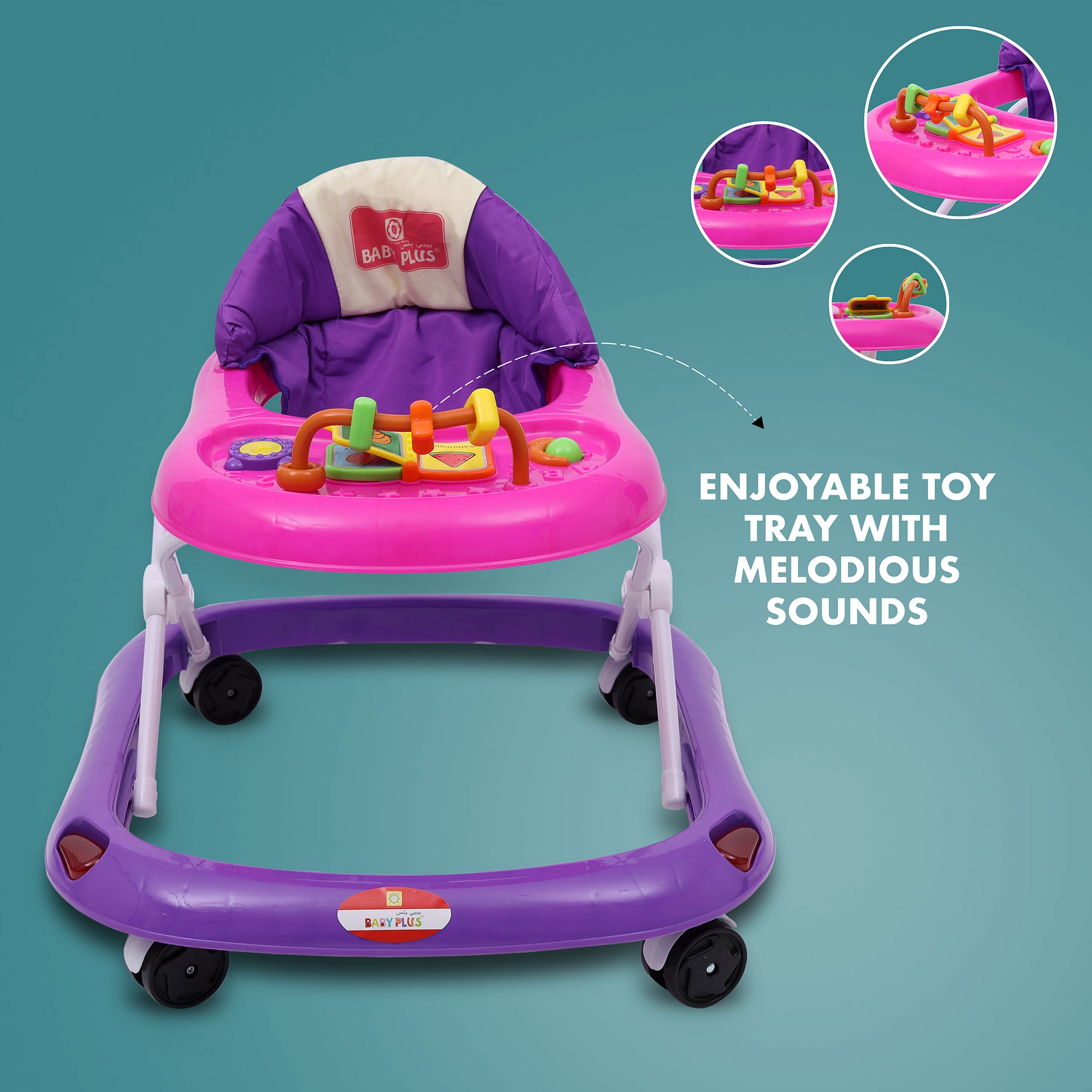 Baby Walker With Snail Toy, Sound And Comfortable Cushioned Seat - Pink