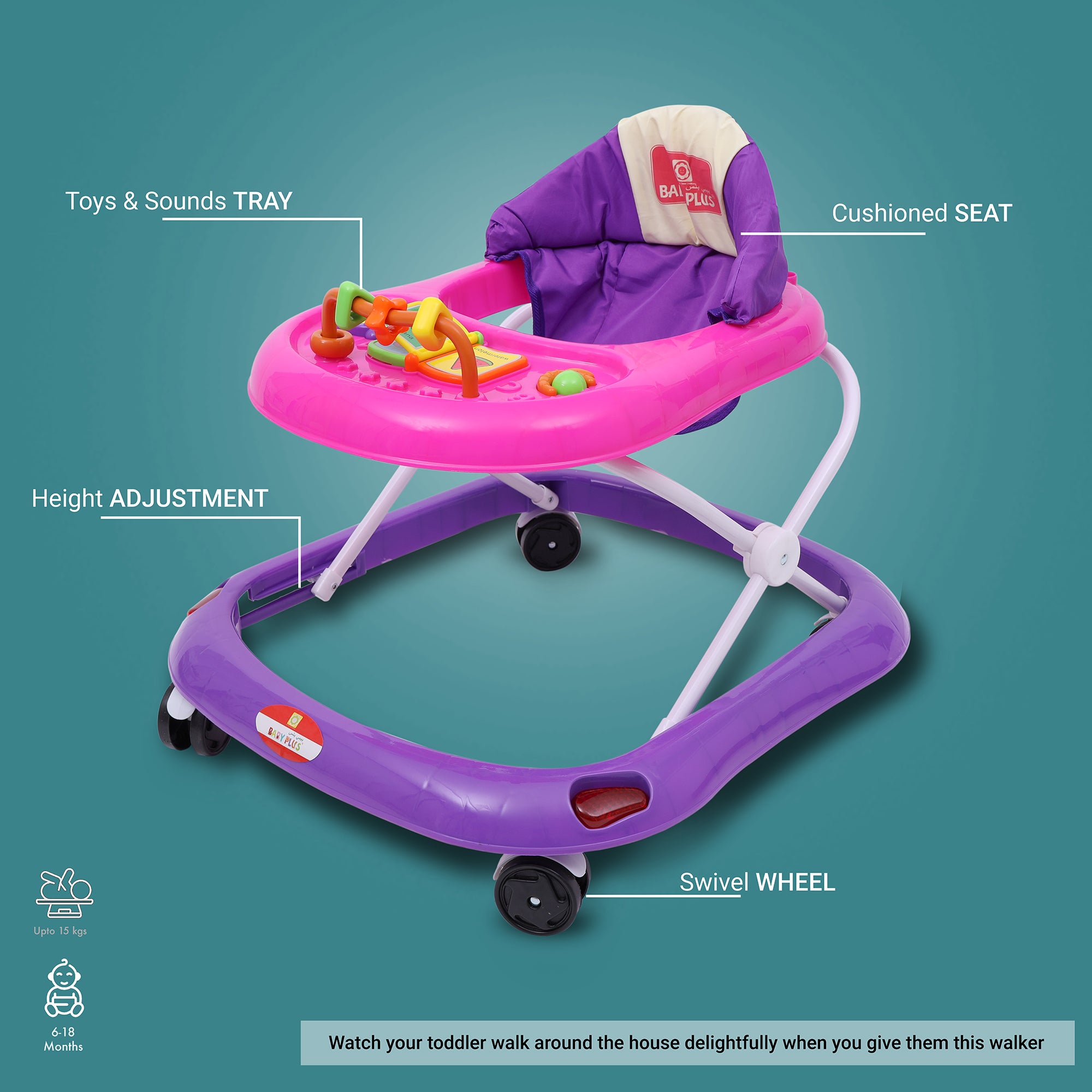 Baby Walker With Snail Toy, Sound And Comfortable Cushioned Seat - Pink