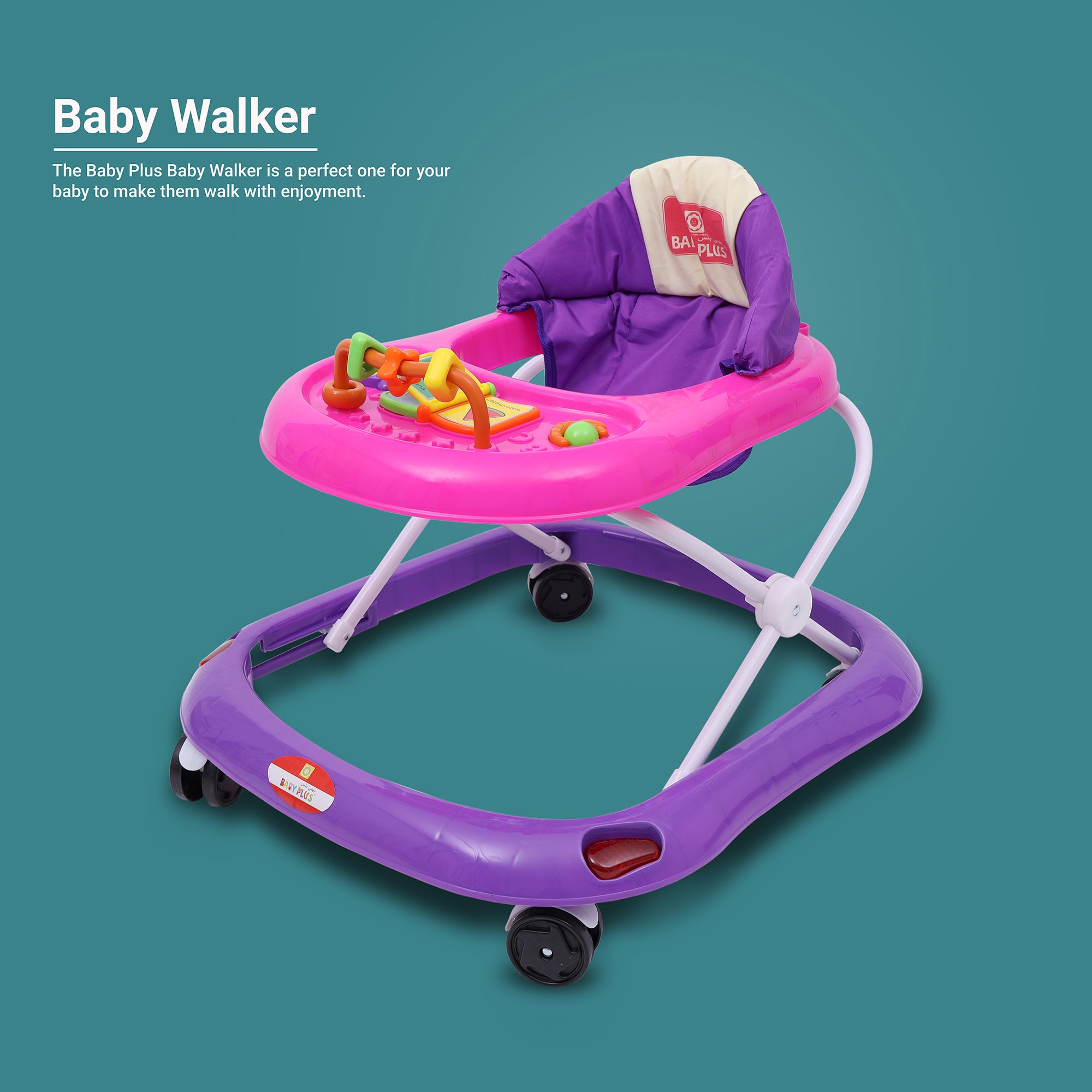 Baby Walker With Snail Toy, Sound And Comfortable Cushioned Seat - Pink