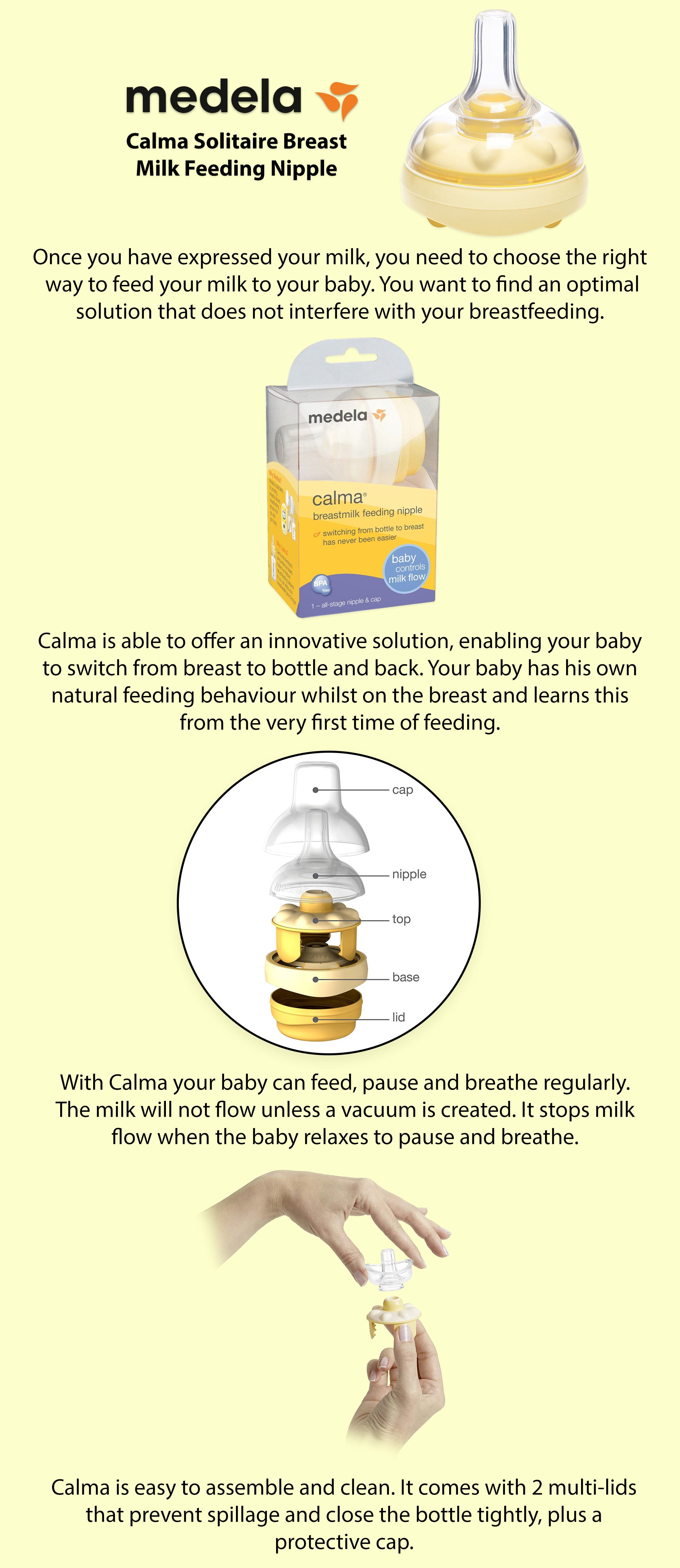 Calma Solitaire Breast Milk Feeding Nipple - Natural Breastfeeding Experience, Vacuum-Controlled Flow, Anti-Colic Valve,  Compatible With Medela Bottles