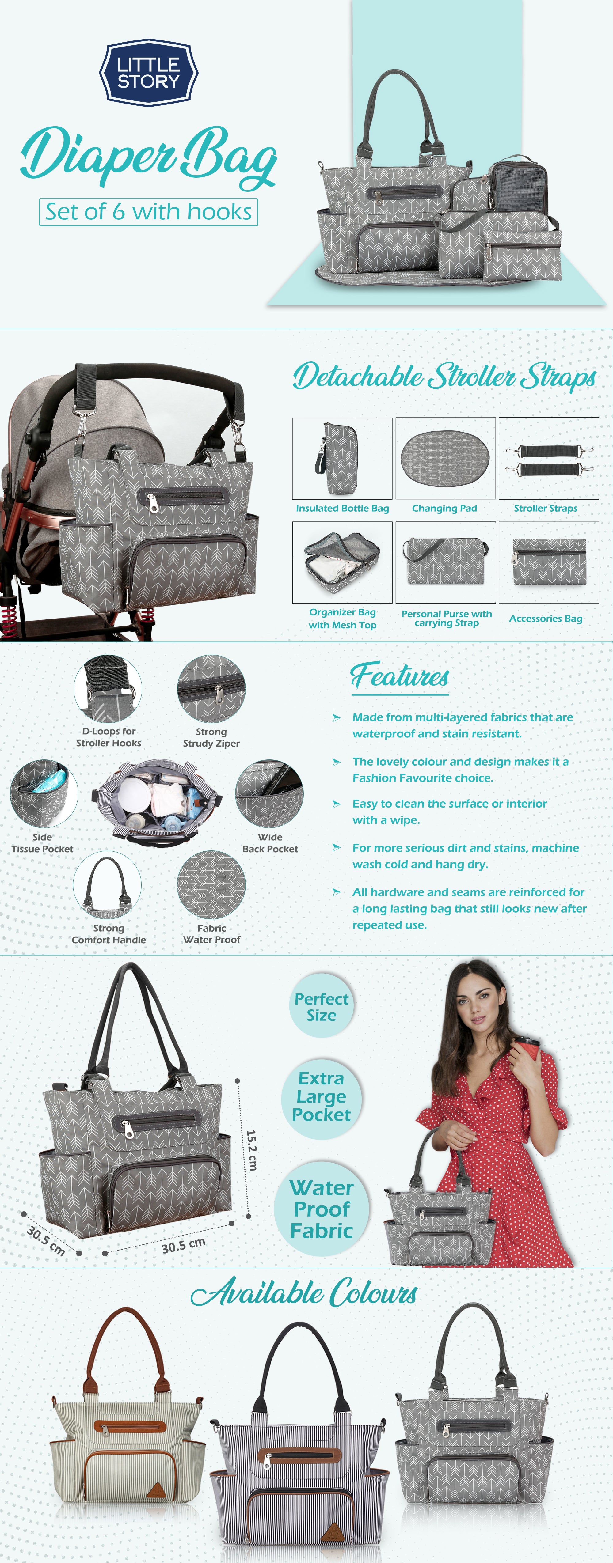 Diaper Bag Set Of 6 With Stroller Hooks And Nappy Changing Mat, Nappy Baby Bag, Travel Beach Shopping Baby Bag,  Multifunctional Mummy Bag, Cosmetic, Wet Dry Pouch, Melange Grey