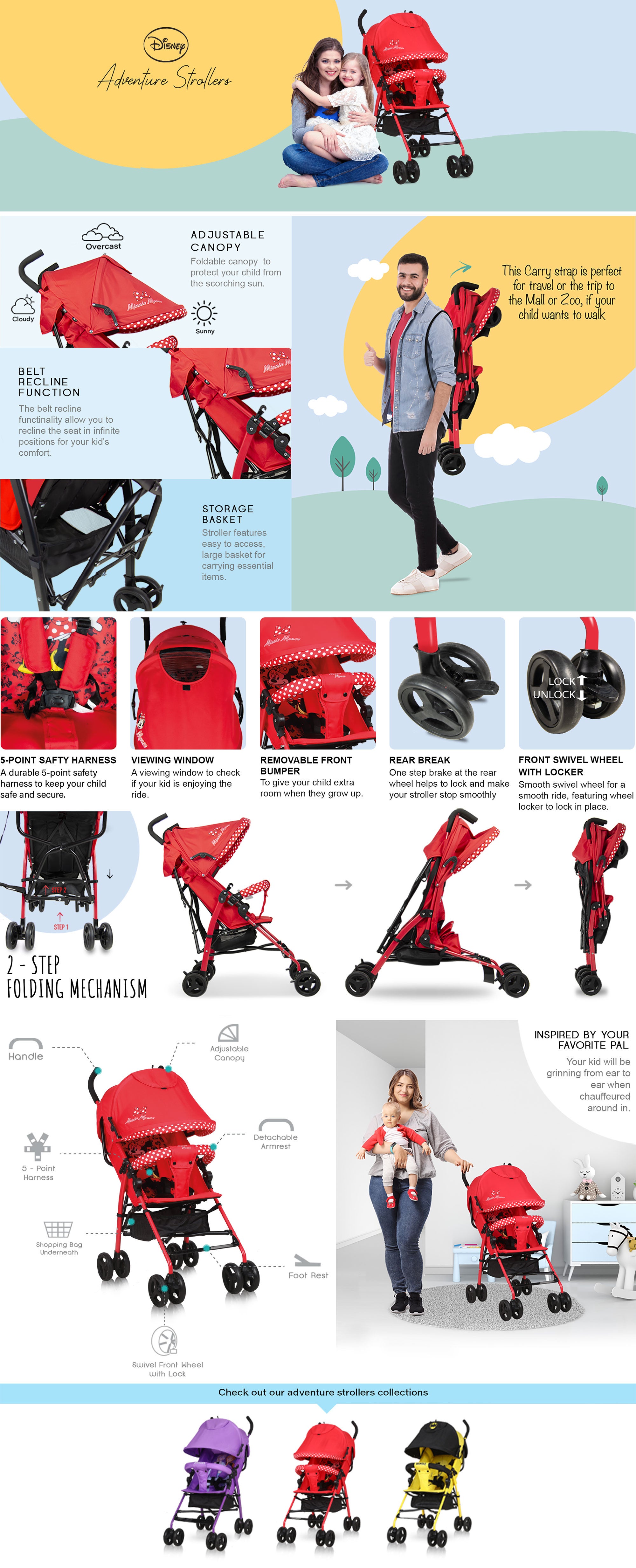 Mickey And Friends - Minnie Mouse Lightweight Adventure Stroller + Storage Cabin | 3 - 36 Months, Compact Design, Shoulder Strap, Adjustable Reclining Seat