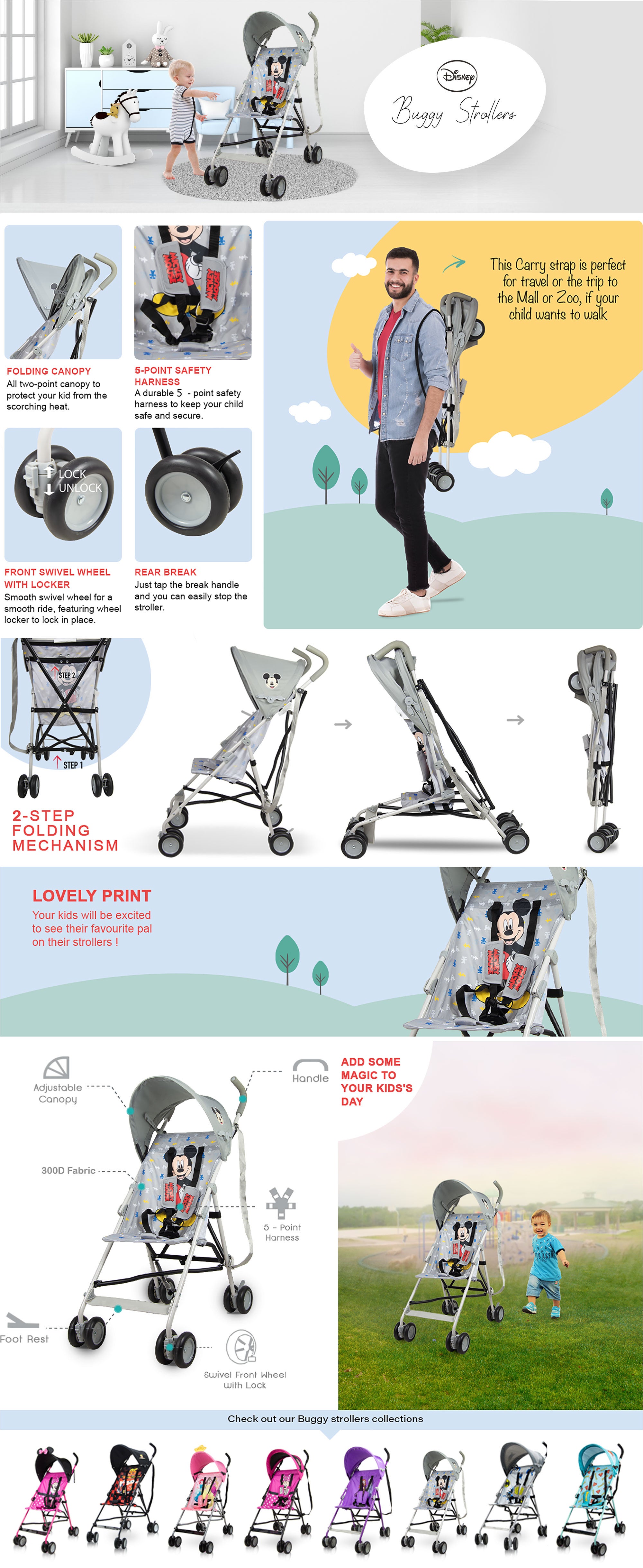 Mickey Mouse Lightweight Buggy Stroller - Grey