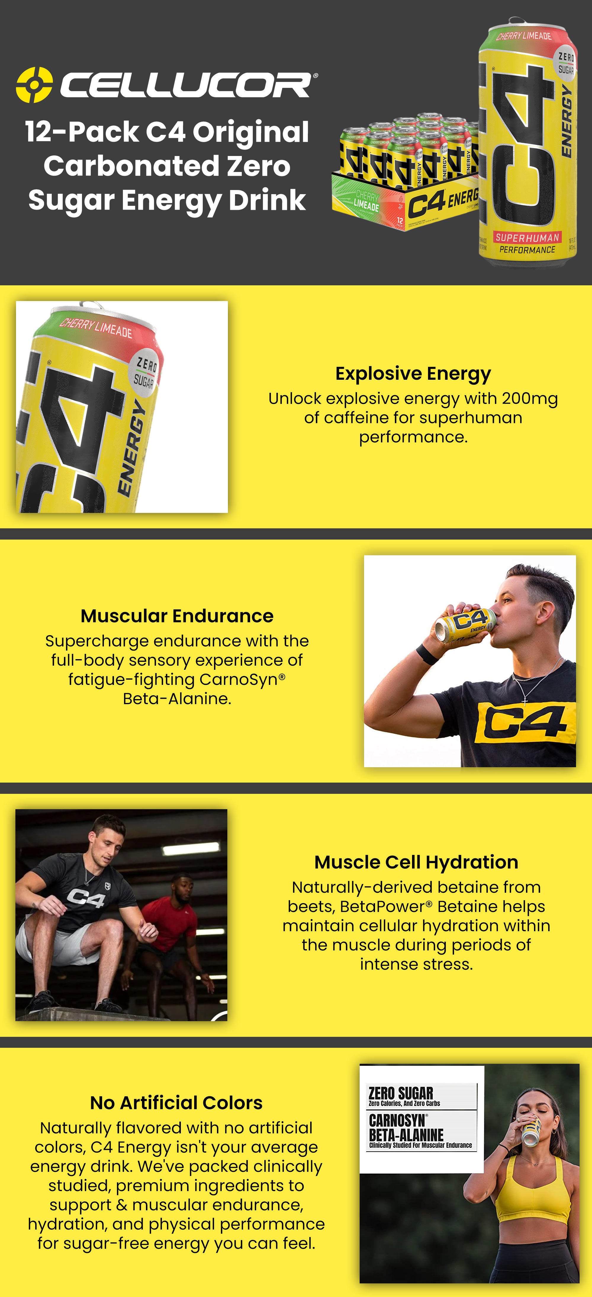 C4 Performance Energy Drink Zero Sugar Sport Plus Fitness  Cherry Limeade 473ml - Pack of 12