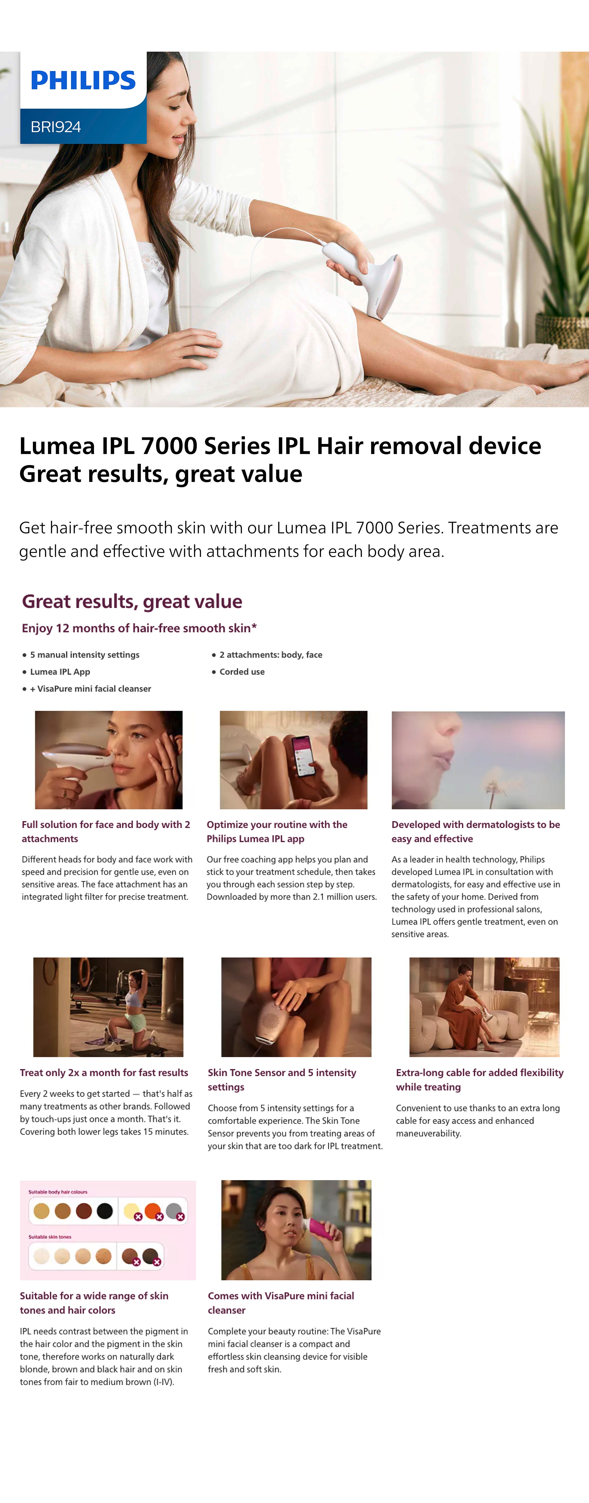 Philips Lumea IPL, Hair Removal, 7000 Series, Skintone Sensor, 2 Attachments, Body, Face, VisaPure Mini Facial Cleanser, Corded Use, BRI924/60, 60 Days Money Back Guarantee White/Pink