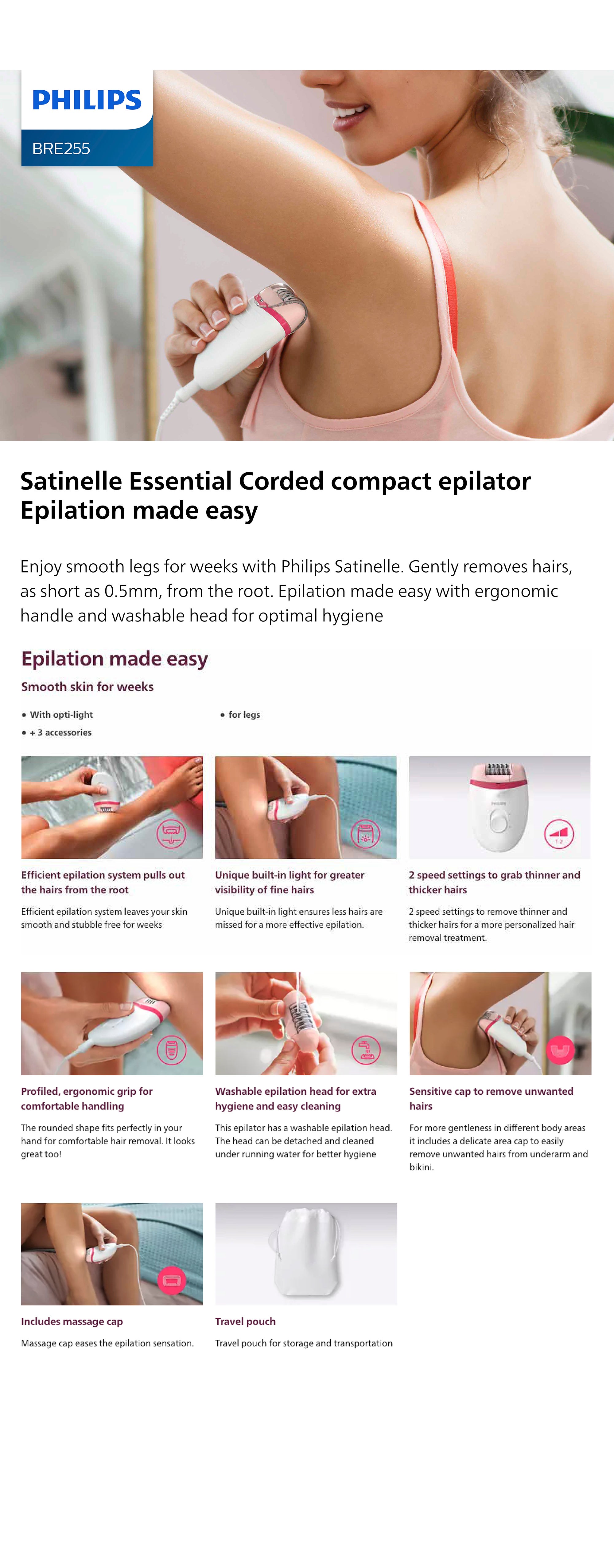 Satinelle Essential Corded Compact Epilator BRE255/00, 2 Years Warranty White/Pink