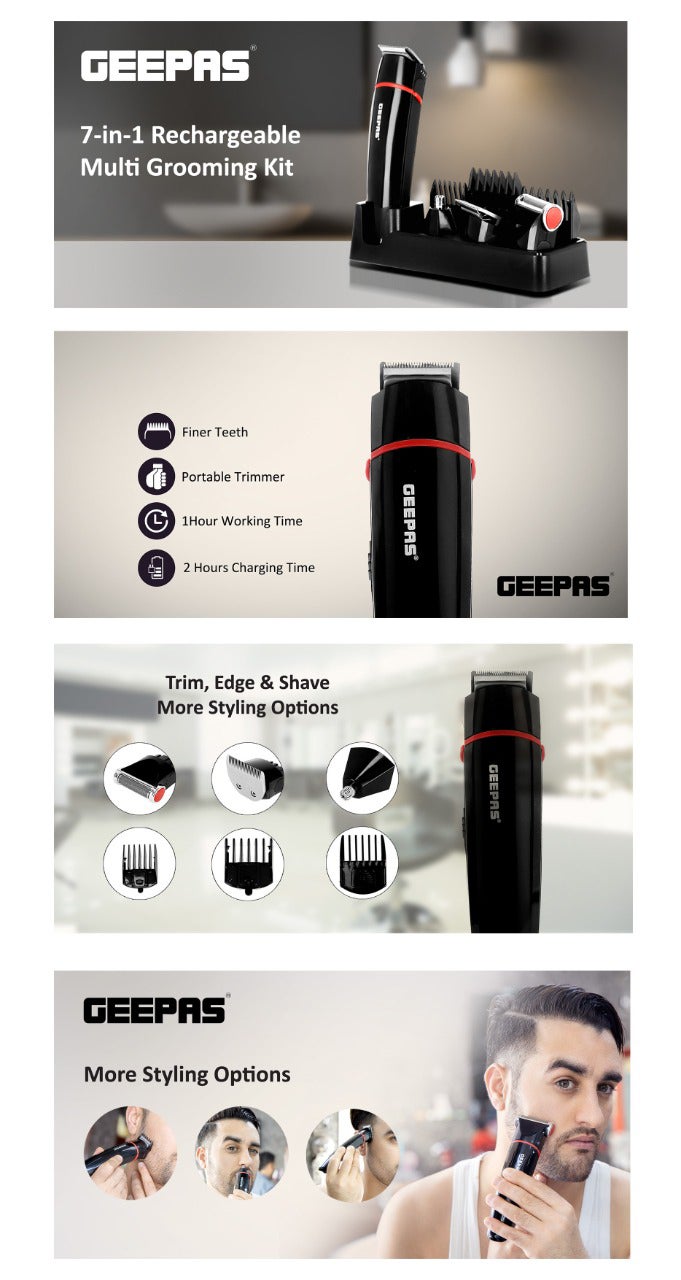 7 in 1 Grooming kit Precision Trimmer|  with 600mAh Li-ion battery| Hair Clippers, Grooming Kit with Stand| Charging Indicator, Interchangeable Heads for Shaving, Detailing, Grooming Beards, Stubble, Nose and Body| 1-Hour Working Time, USB Charging| 2 Years Warranty | GTR8128N Black