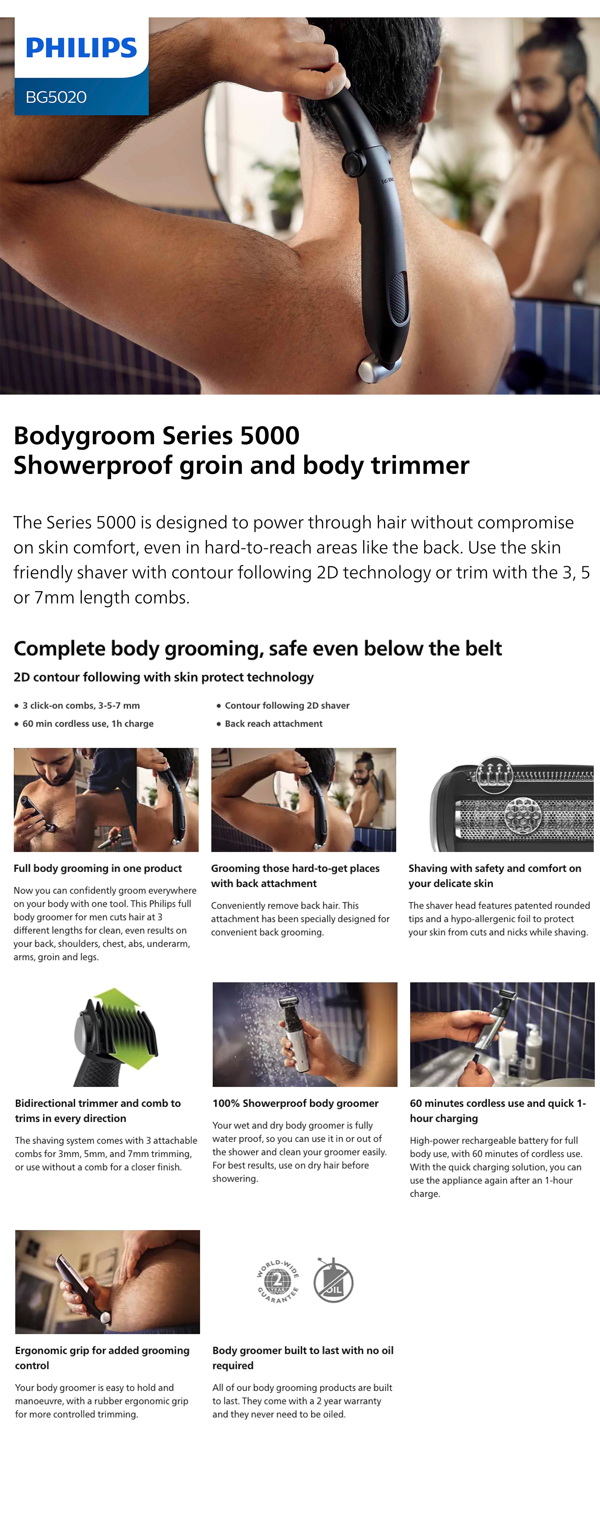 Showerproof Bodygroom Series 5000 BG5020/13, 2 Years Warranty Silver/Black